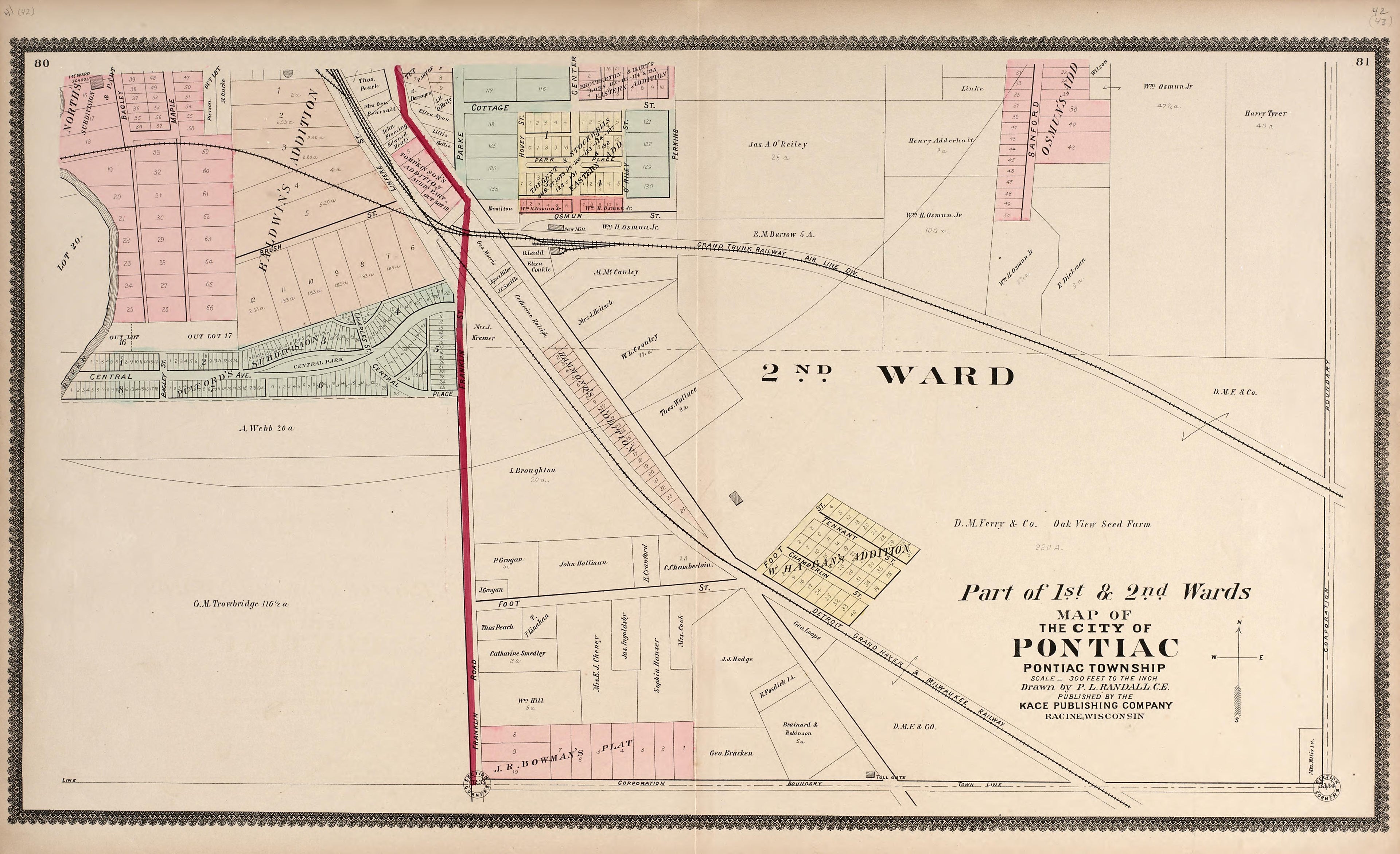Part of the 1st & 2nd Wards - Map of the City of Pontiac from Illustrated Atlas of Oakland County, Michigan : Compiled from Official Records and Local Inspections 1896 by Relic Map Company