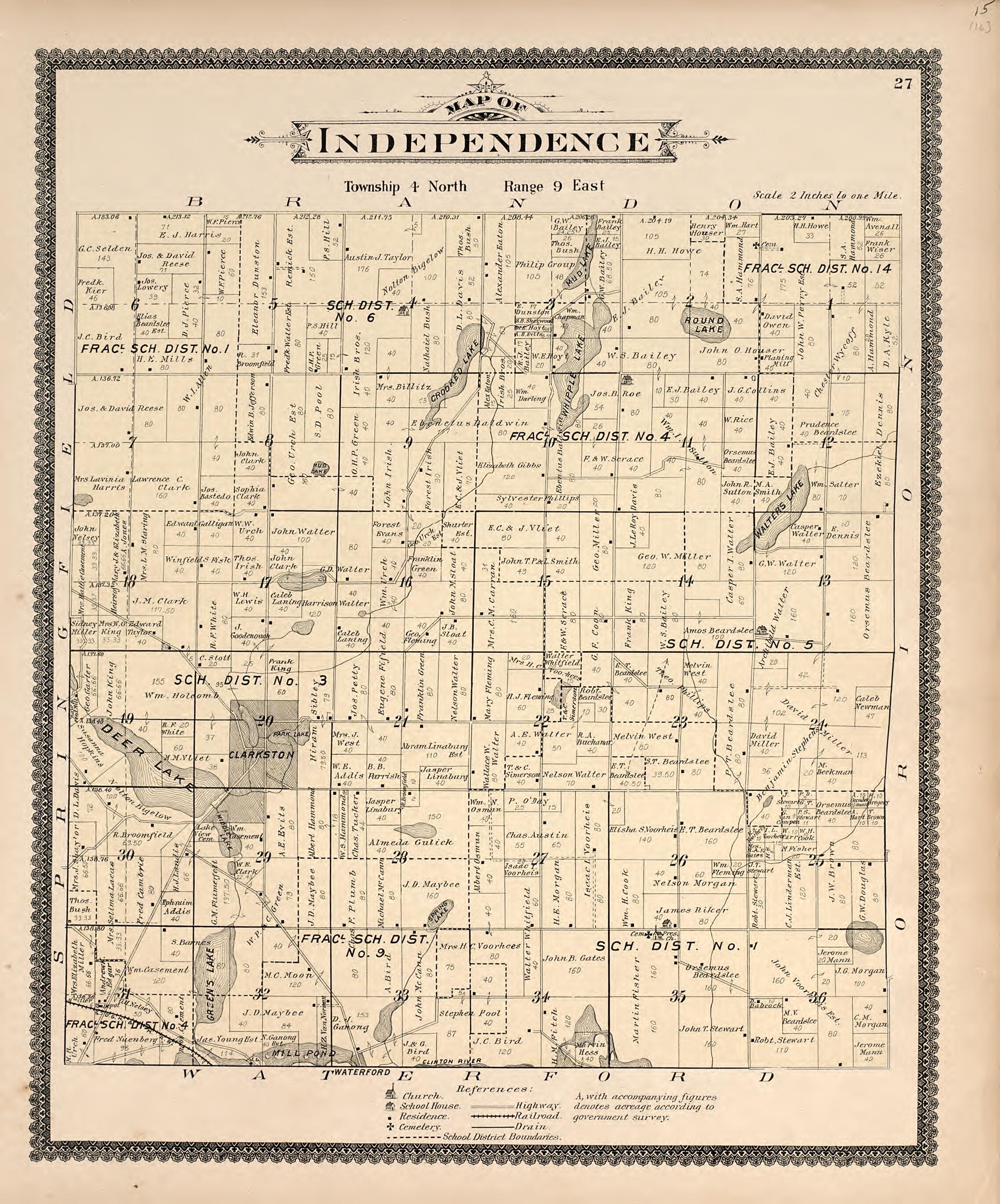 Map of Independence from Illustrated Atlas of Oakland County, Michigan : Compiled from Official Records and Local Inspections 1896 by Relic Map Company
