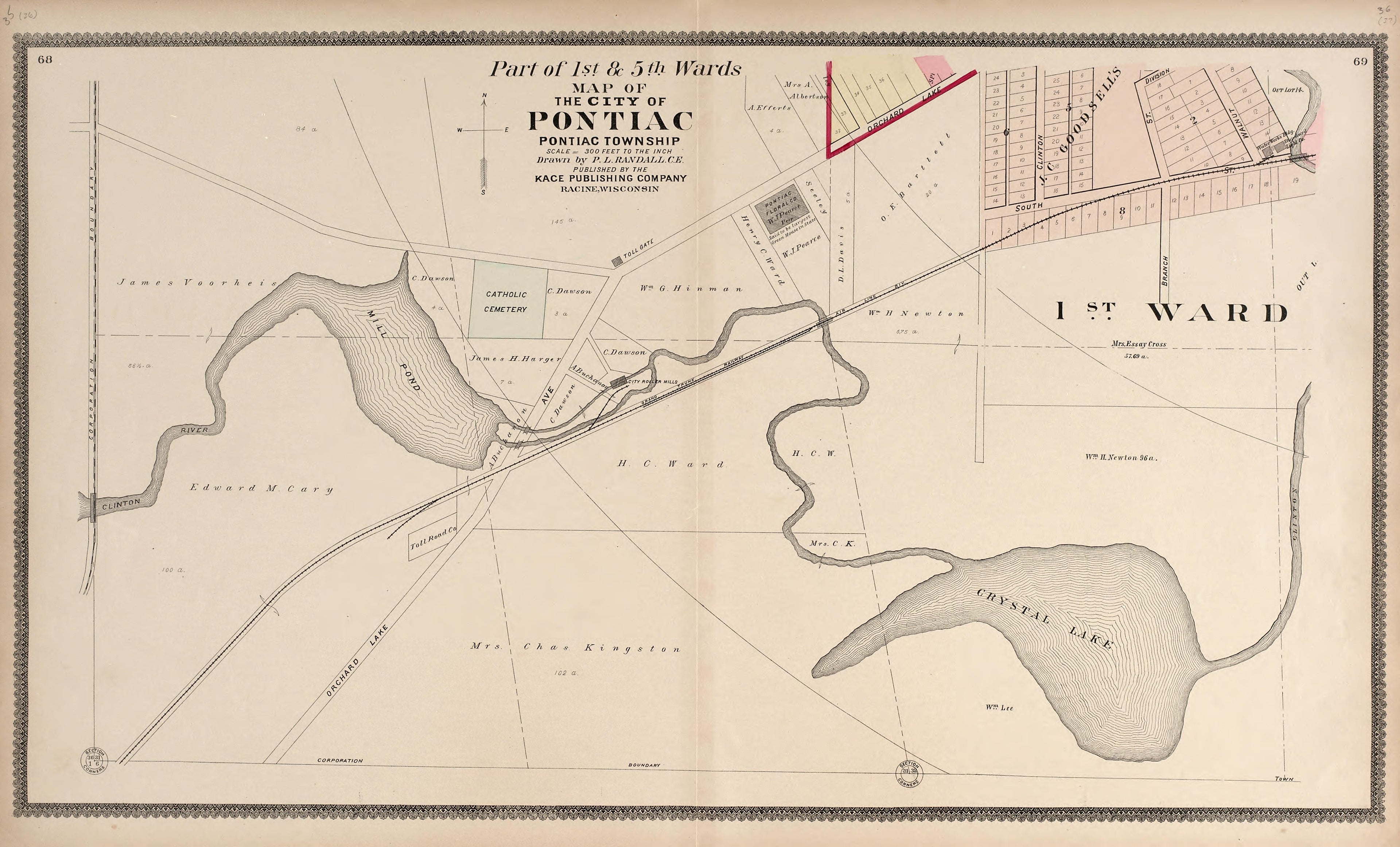 Part of the 1st & 5th Wards - Map of the City of Pontiac from Illustrated Atlas of Oakland County, Michigan : Compiled from Official Records and Local Inspections 1896 by Relic Map Company