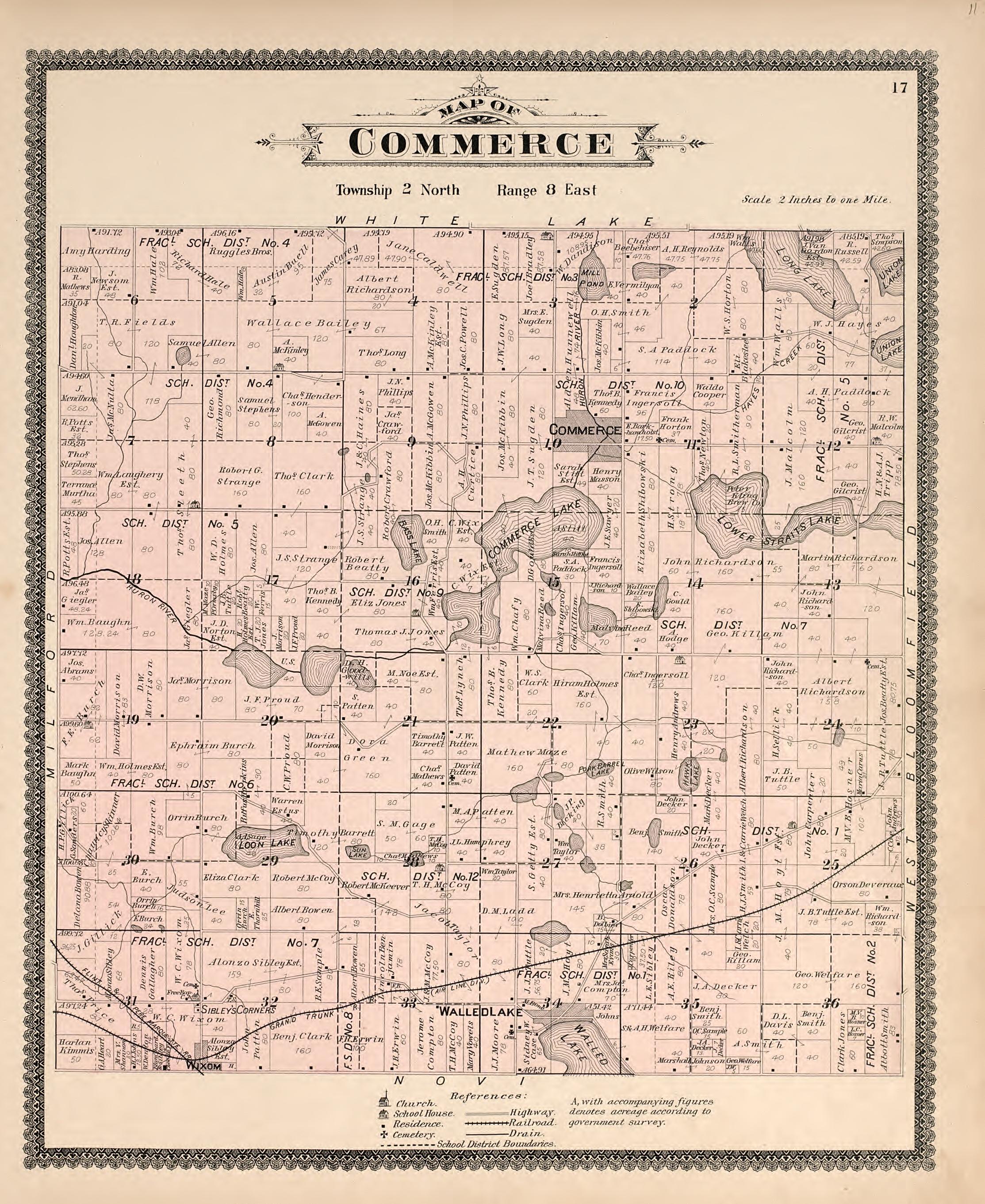 Map of Commerce from Illustrated Atlas of Oakland County, Michigan : Compiled from Official Records and Local Inspections 1896 by Relic Map Company