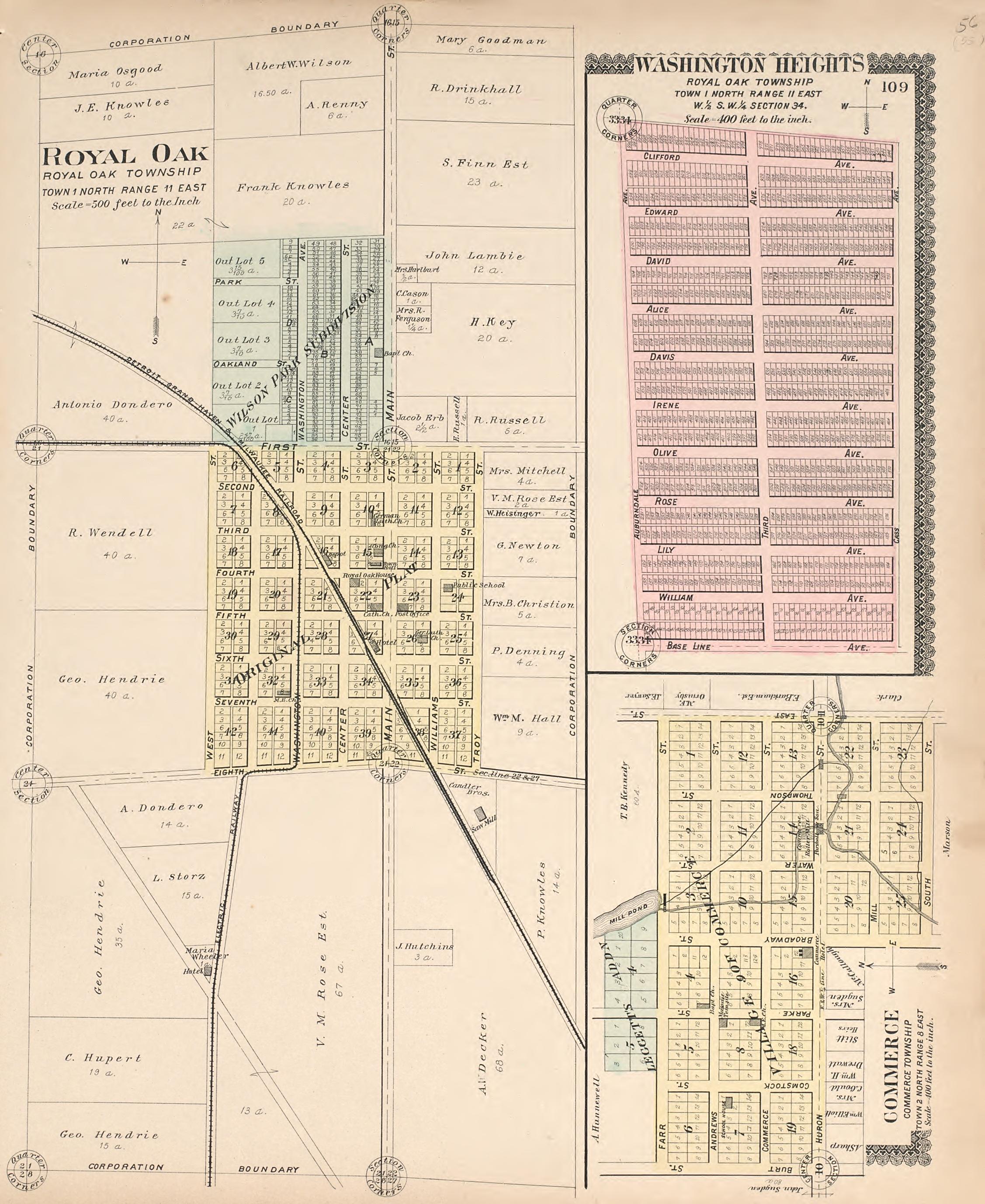 Royal Oak; Washington Heights; Commerce from Illustrated Atlas of Oakland County, Michigan : Compiled from Official Records and Local Inspections 1896 by Relic Map Company