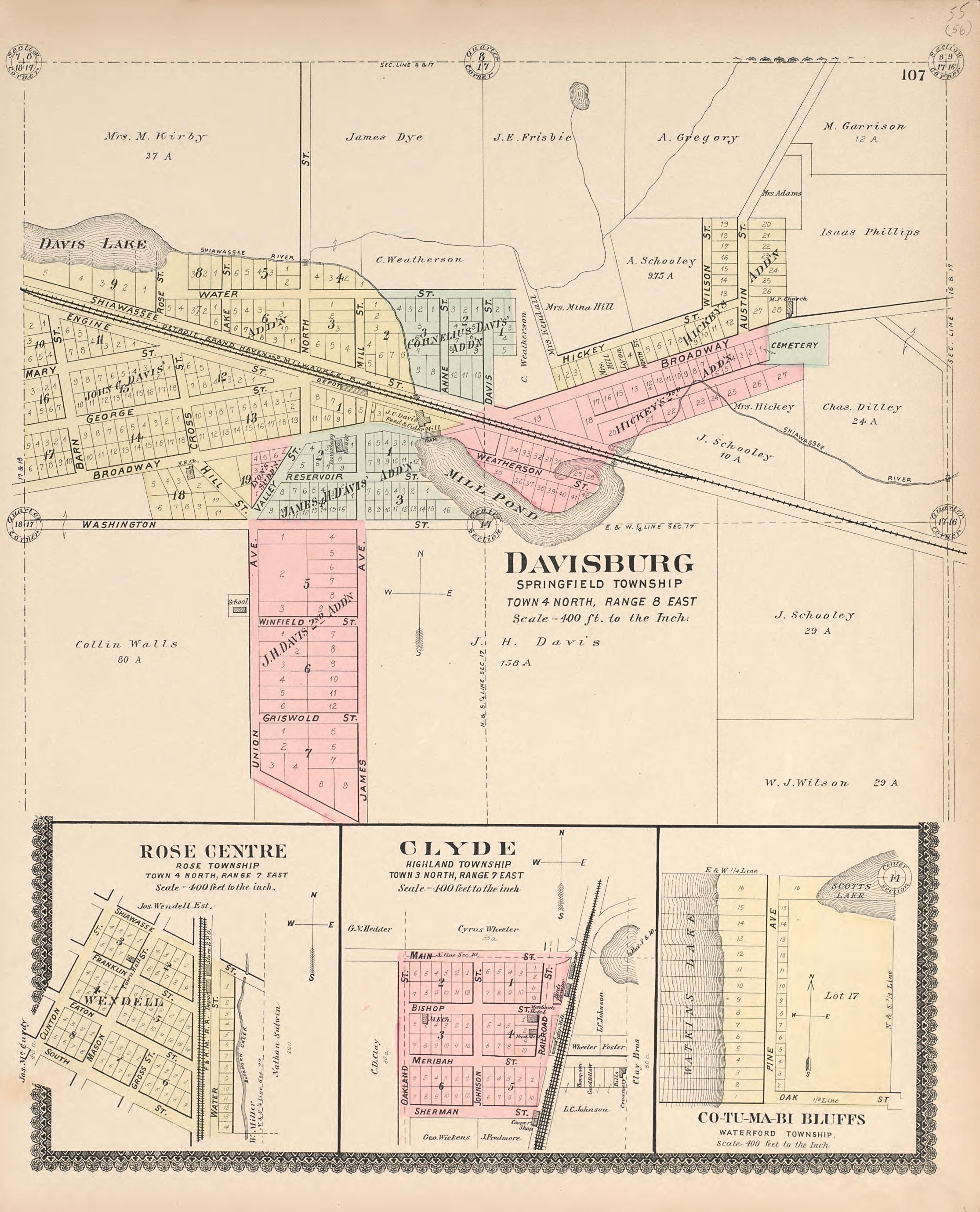 Davisburg; Rose Center; Clyde; Co-Tu-Ma-Bi Bluffs from Illustrated Atlas of Oakland County, Michigan : Compiled from Official Records and Local Inspections 1896 by Relic Map Company