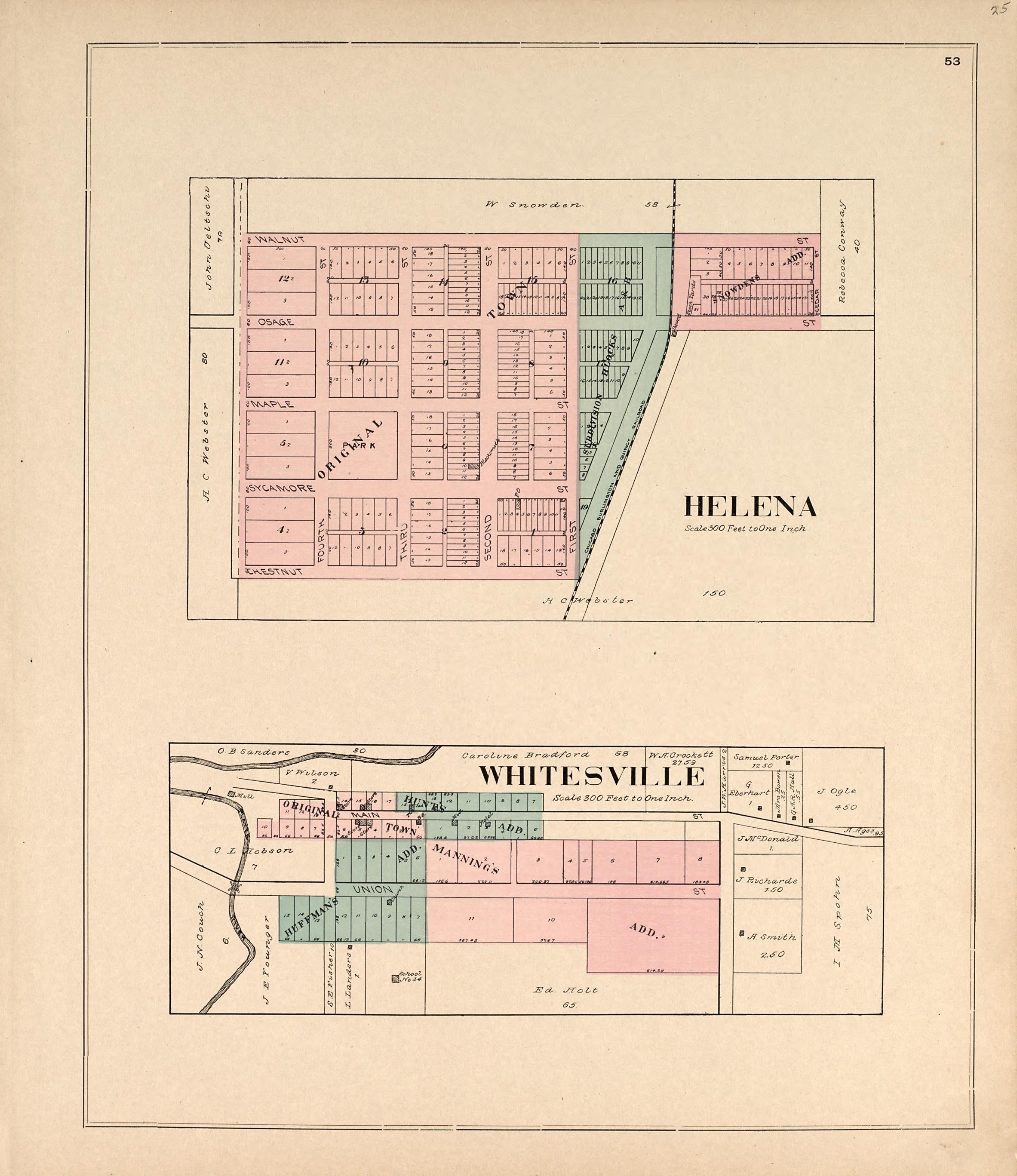 Helena; Whitesville from Atlas of Andrew County, Missouri : Including Plats of the Villiages sic, Cities and Townships of the County, a Map of the State and of the United States, Patrons&