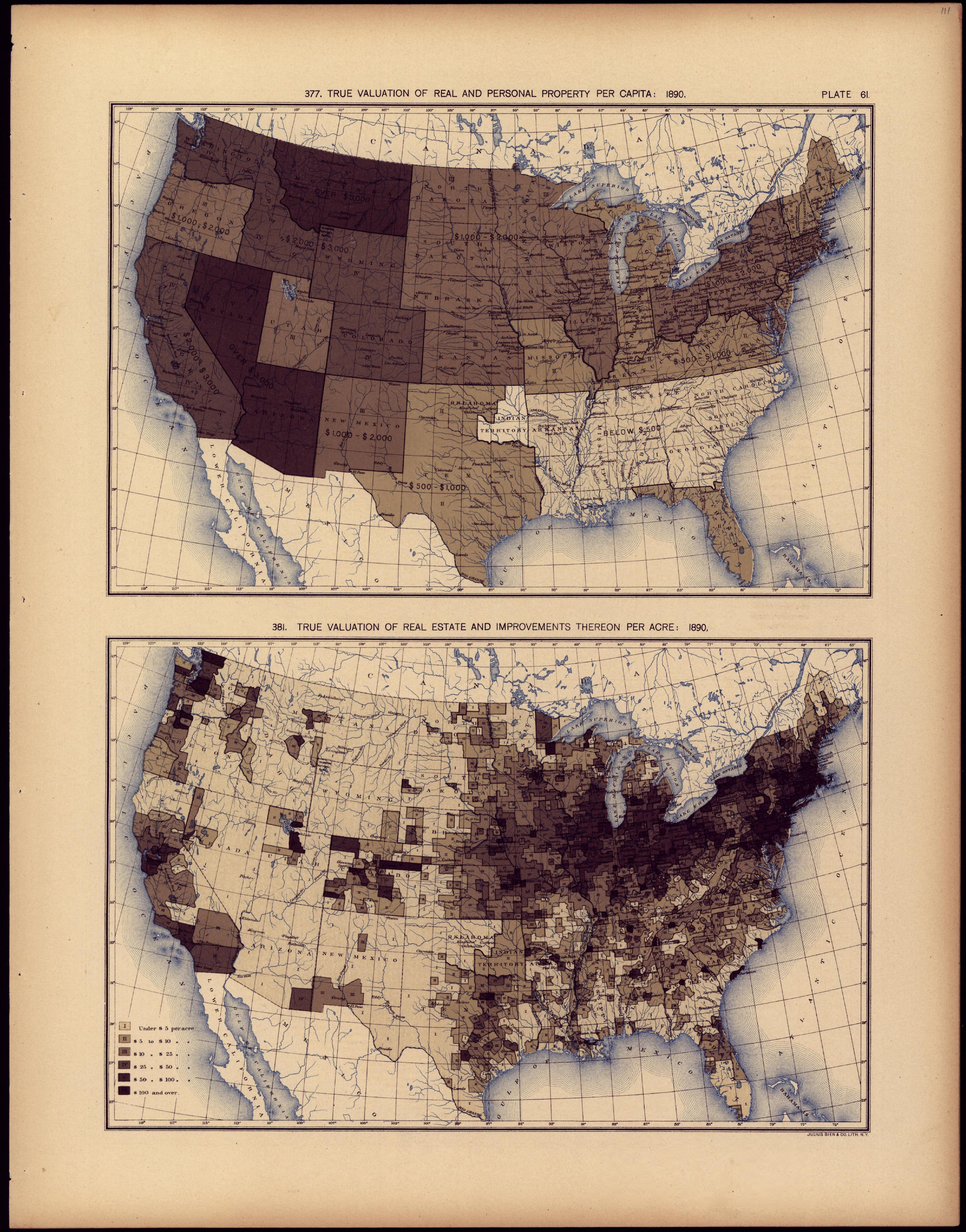 True Valuation of Real and Personal Property Per Capita: 1890 from Statistical Atlas of the United States, Based Upon the Results of the Eleventh Census 1898 by Relic Map Company