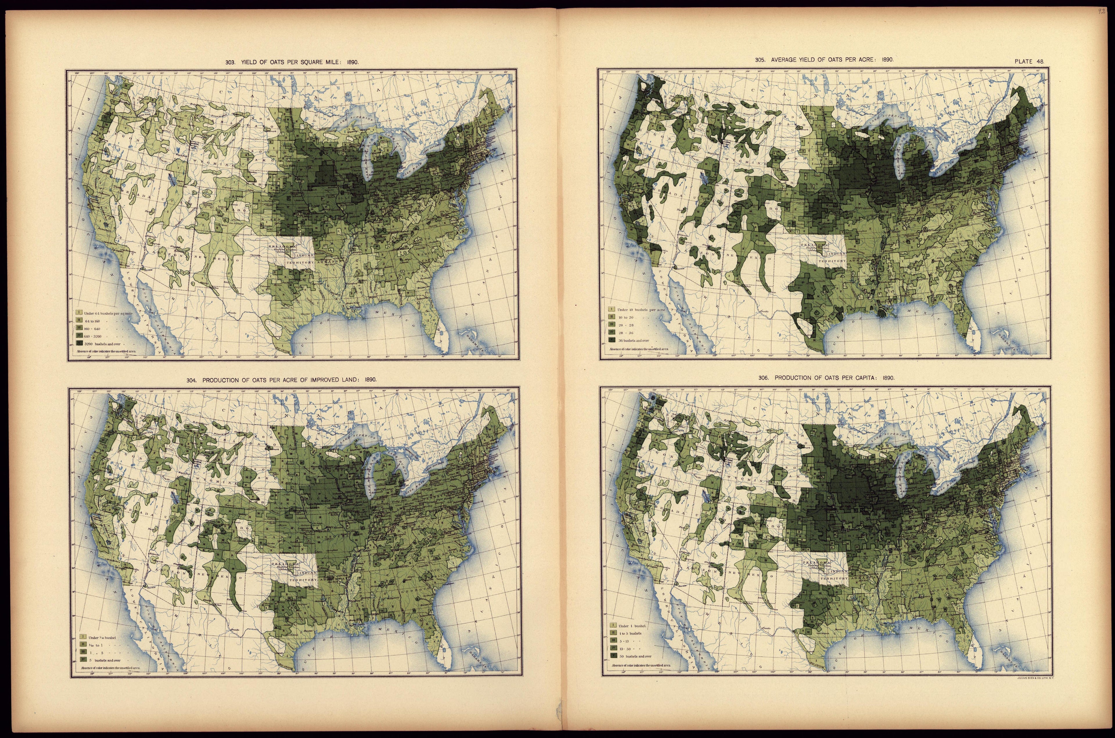 Yield of Oats Per Square Mile: 1890 from Statistical Atlas of the United States, Based Upon the Results of the Eleventh Census 1898 by Relic Map Company