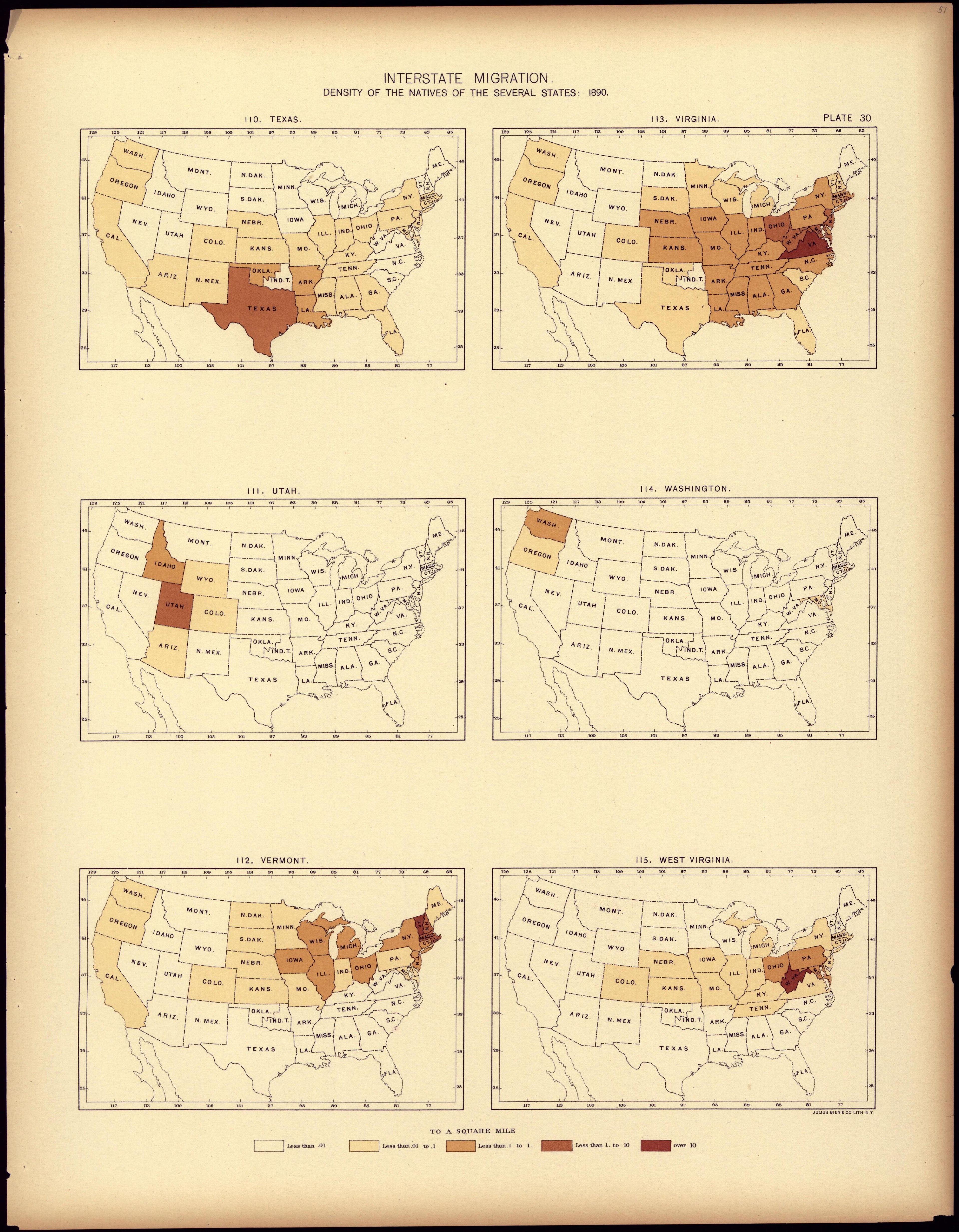 Interstate Migration : 1890 (TX, UT, VT, VA, WA, WV) from Statistical Atlas of the United States, Based Upon the Results of the Eleventh Census 1898 by Relic Map Company