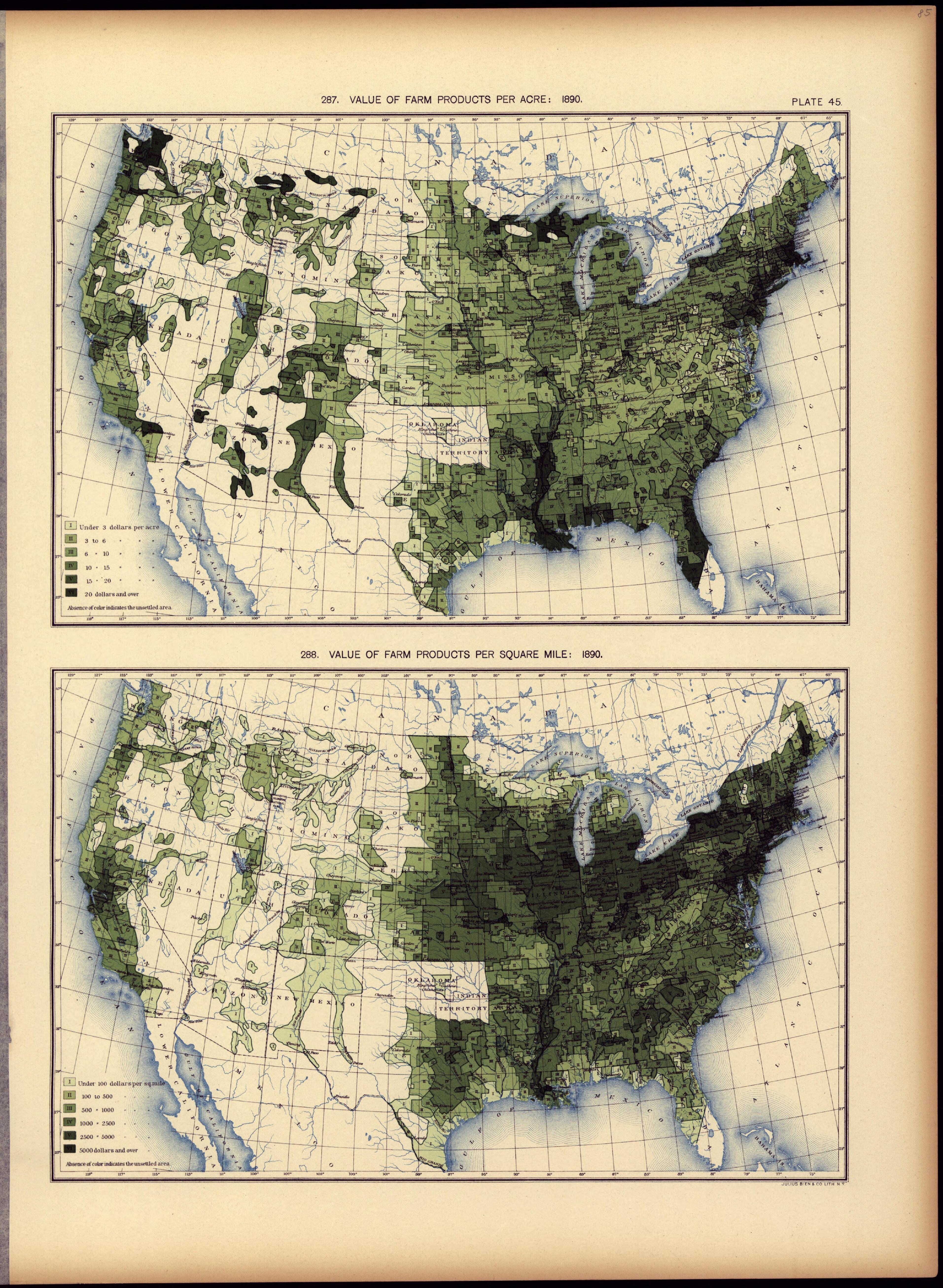 Value of Farm Products Per Acre: 1890 from Statistical Atlas of the United States, Based Upon the Results of the Eleventh Census 1898 by Relic Map Company
