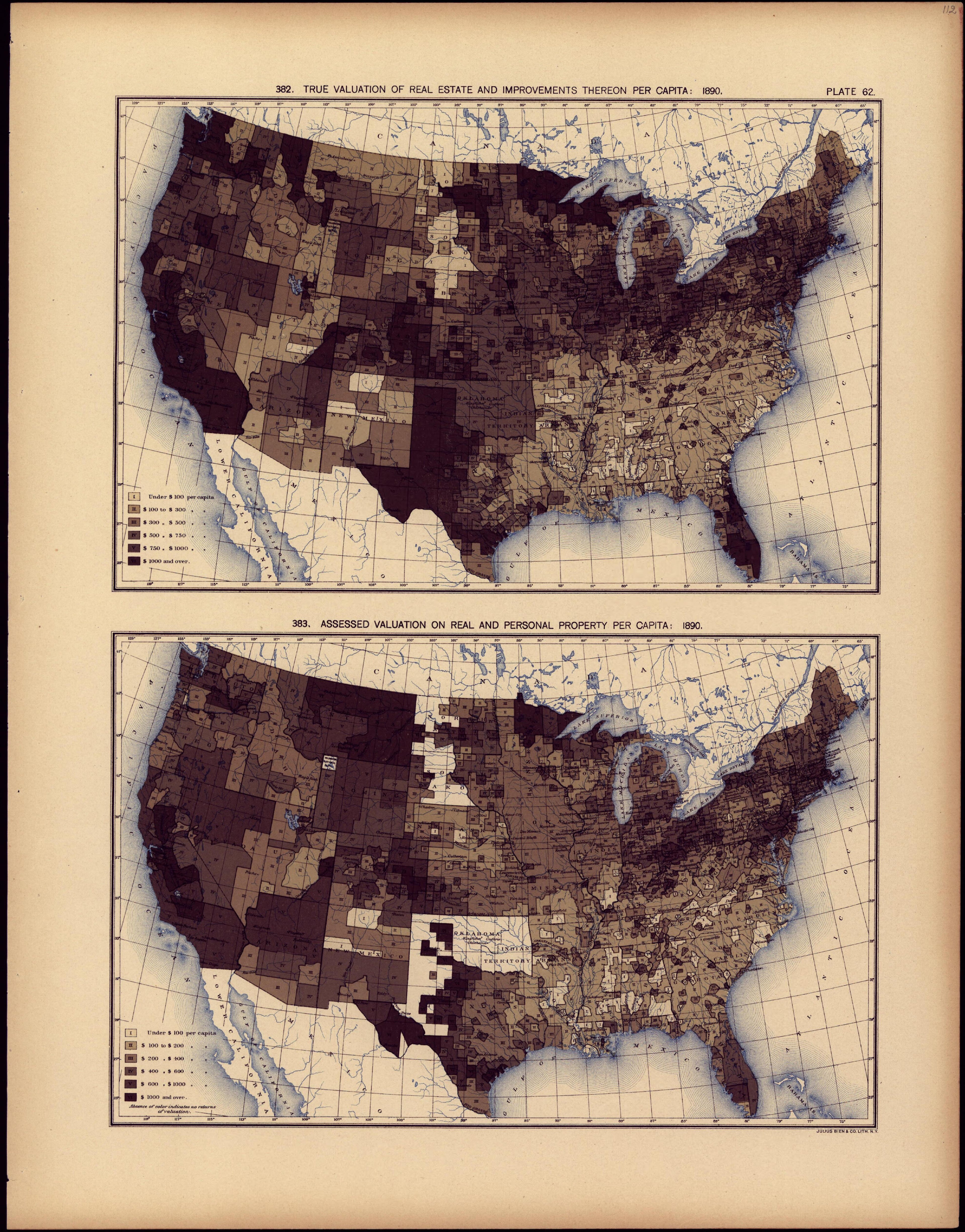 True Valuation of Real Estate and Improvements Threreon Per Capita: 1890 from Statistical Atlas of the United States, Based Upon the Results of the Eleventh Census 1898 by Relic Map Company