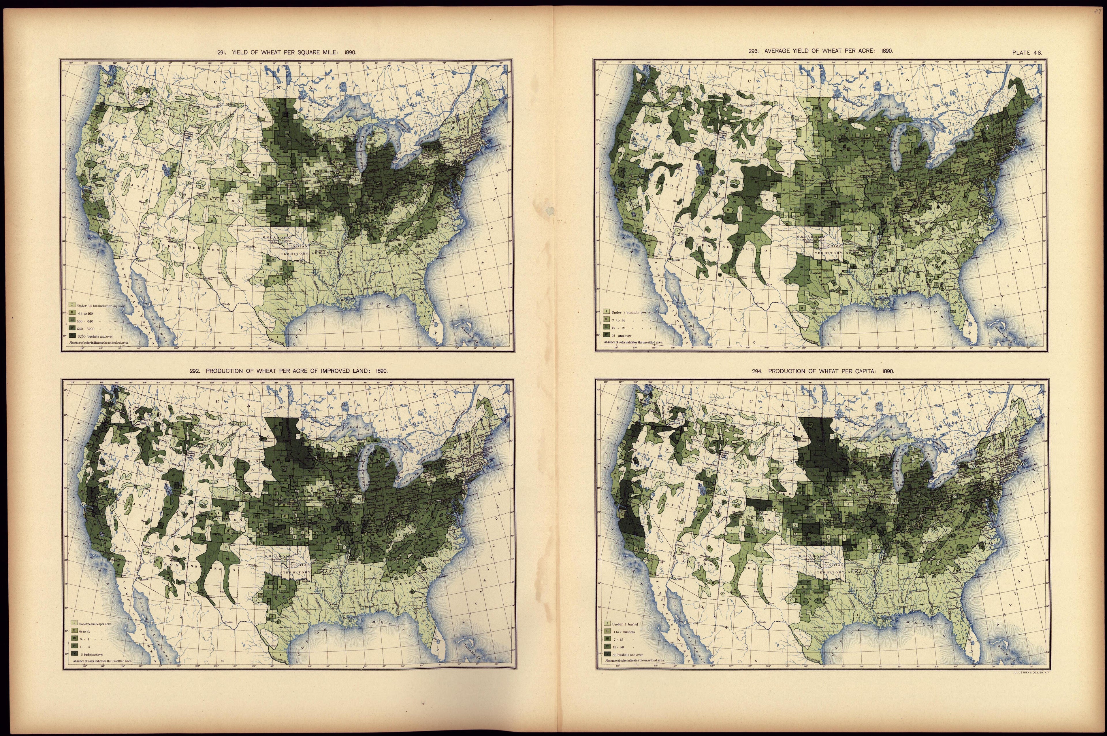 Yield of Wheat Pr Square Mile: 1890 from Statistical Atlas of the United States, Based Upon the Results of the Eleventh Census 1898 by Relic Map Company