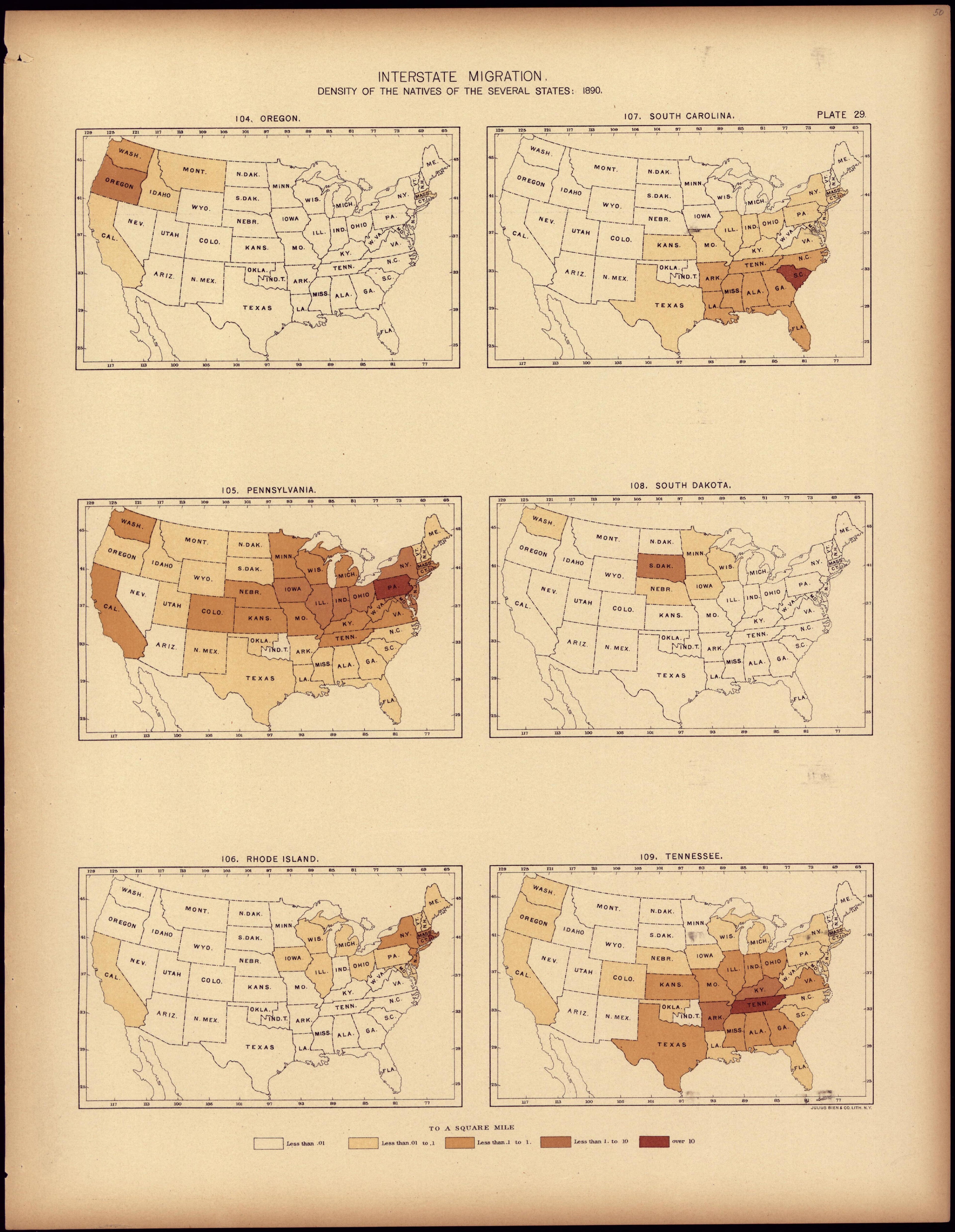 Interstate Migration : 1890 (OR, PA, RI, SC, SD, TN) from Statistical Atlas of the United States, Based Upon the Results of the Eleventh Census 1898 by Relic Map Company