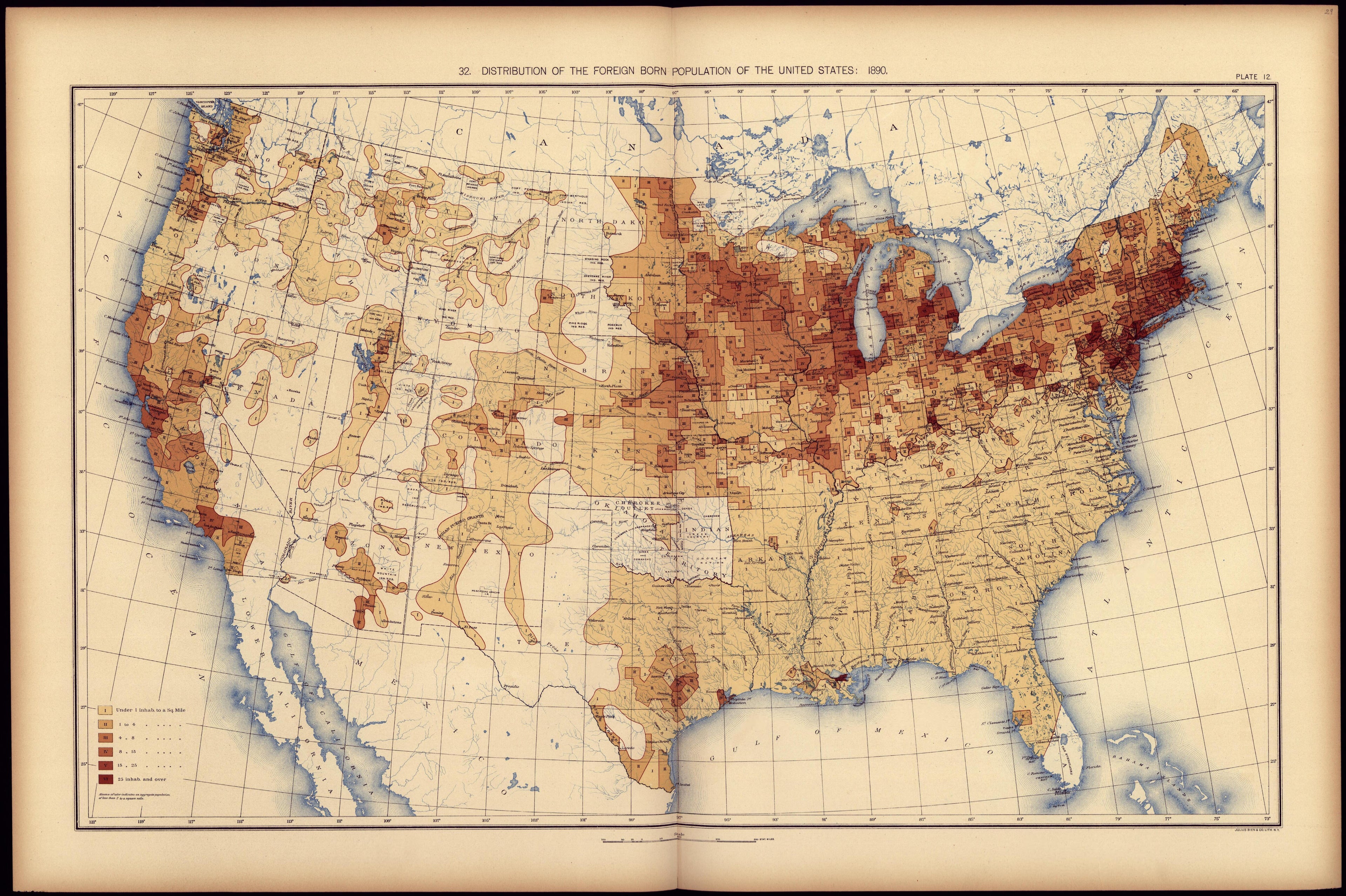 Distribution of the Foreign Born Population of the United States: 1890 from Statistical Atlas of the United States, Based Upon the Results of the Eleventh Census 1898 by Relic Map Company