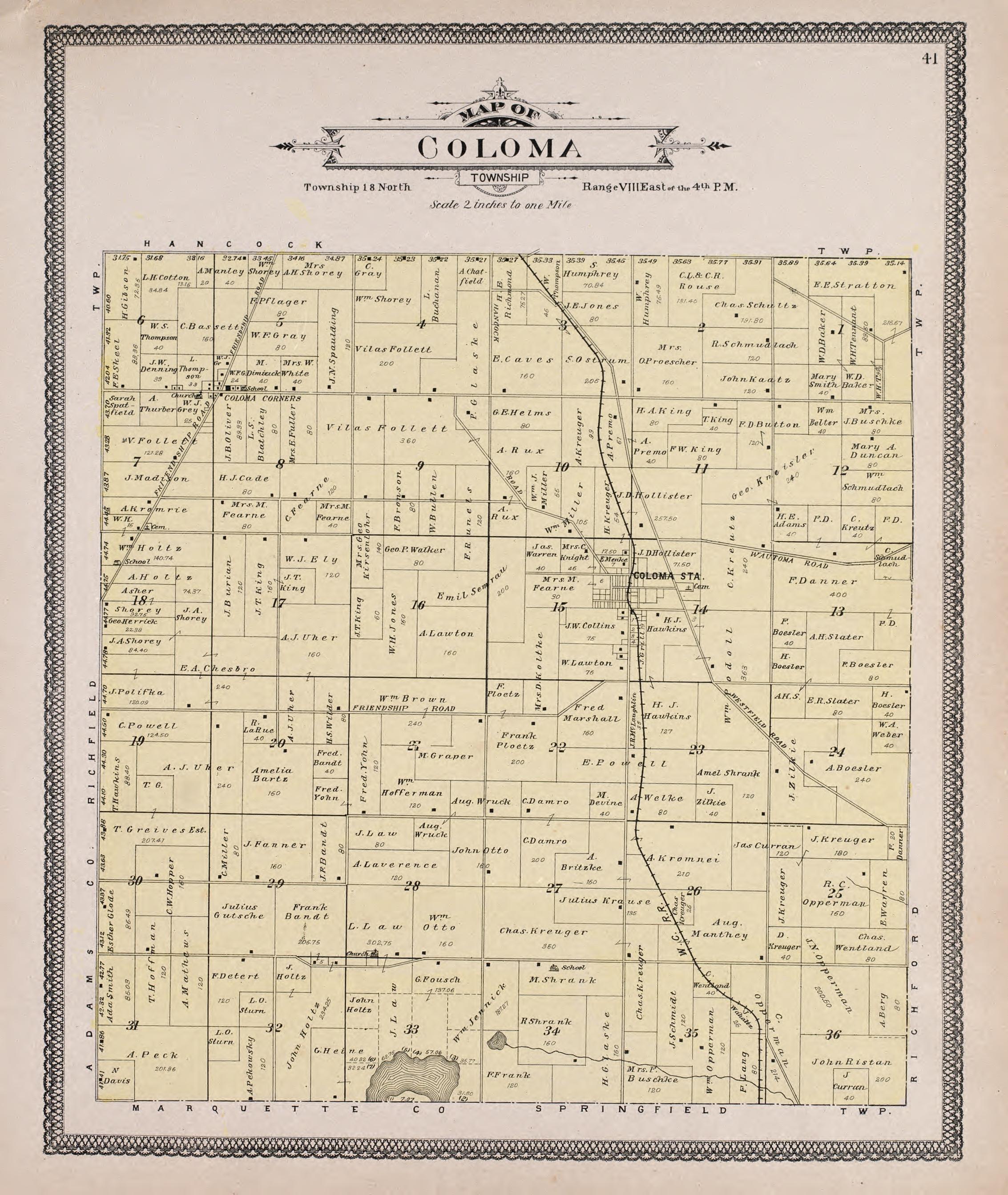 Coloma from Atlas of Waushara County, Wisconsin : Containing Maps of Villages, Cities and Townships of the County, Maps of State and United States 1906 by Relic Map Company
