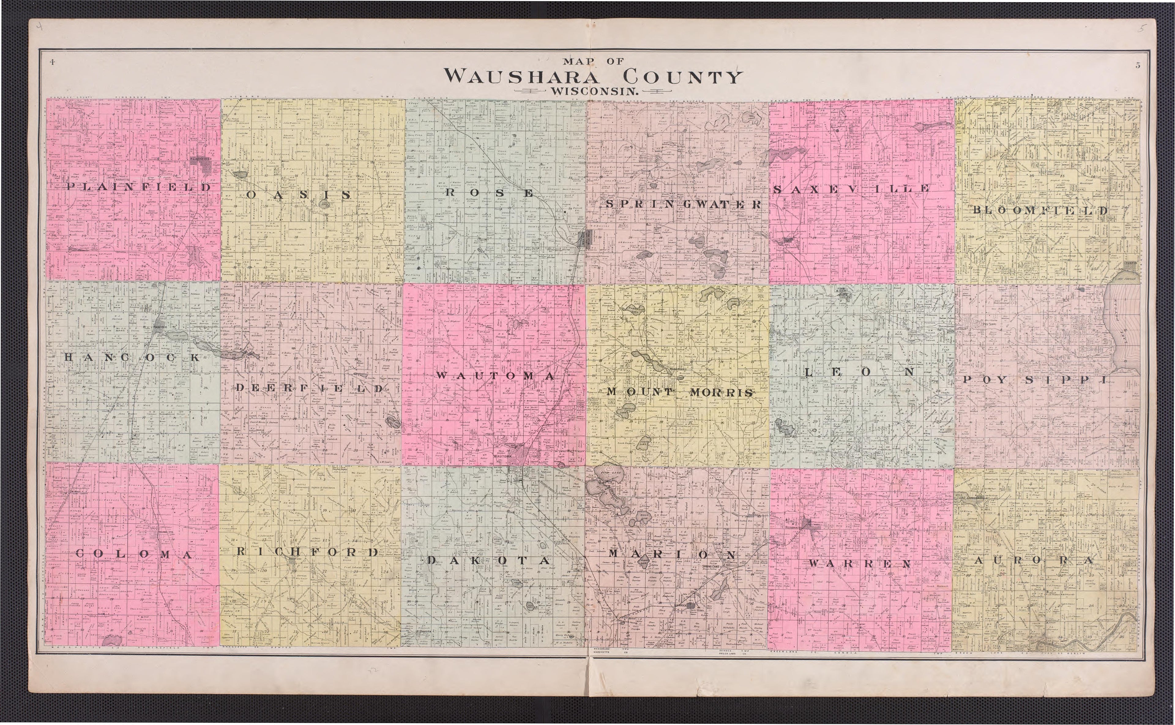 Waushara County from Atlas of Waushara County, Wisconsin : Containing Maps of Villages, Cities and Townships of the County, Maps of State and United States 1906 by Relic Map Company