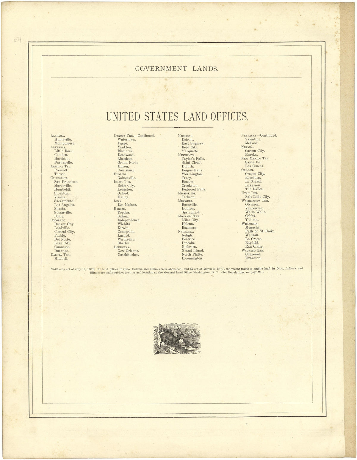 United States Land Offices from Illustrated Atlas of Lake County, Illinois : Containing Maps of Every Township In the County, With Village and City Plats : Also Maps of Michigan ... Texas, and Washington Territory : Compiled … 1885 by Relic Map Company