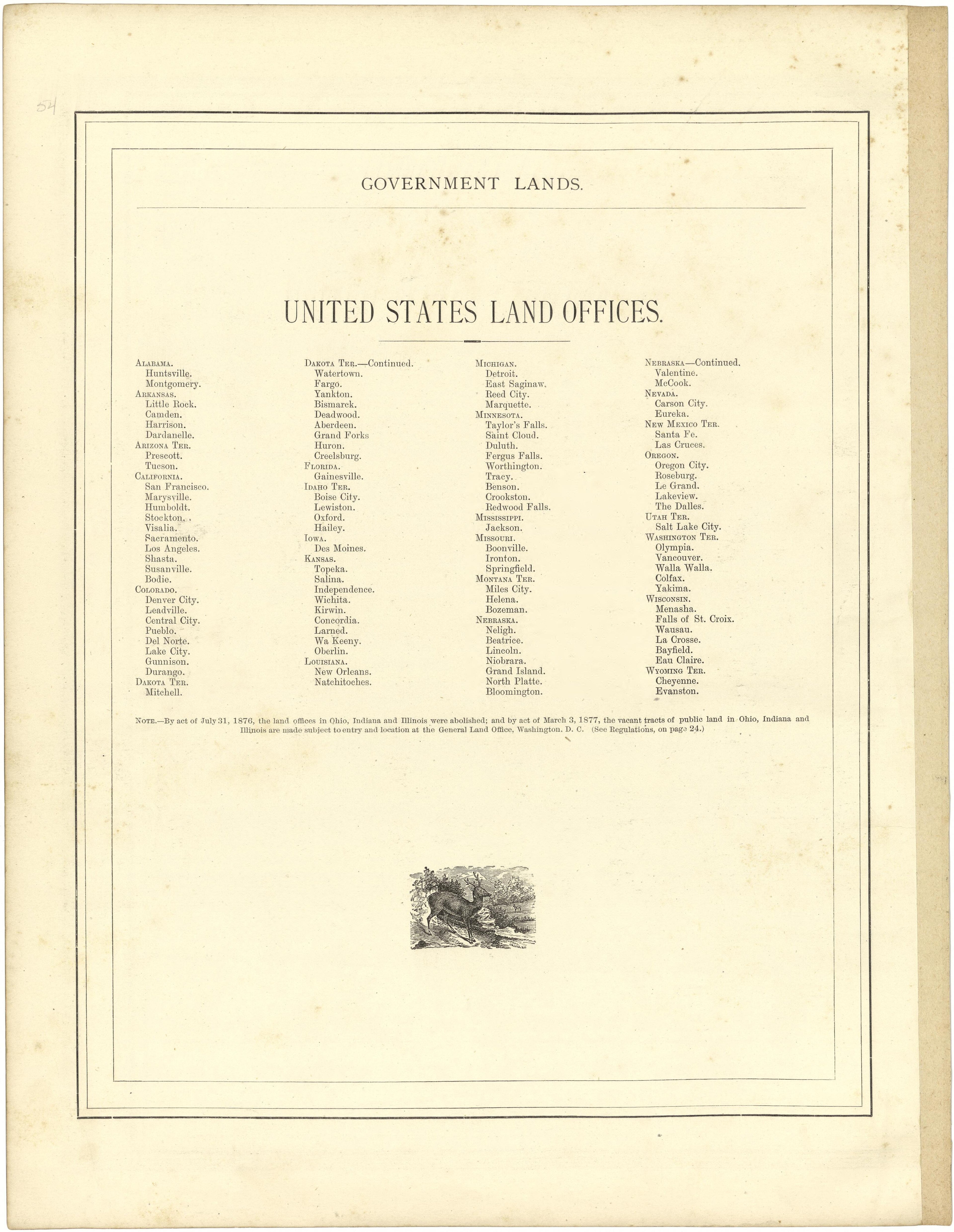 United States Land Offices from Illustrated Atlas of Lake County, Illinois : Containing Maps of Every Township In the County, With Village and City Plats : Also Maps of Michigan ... Texas, and Washington Territory : Compiled … 1885 by Relic Map Company