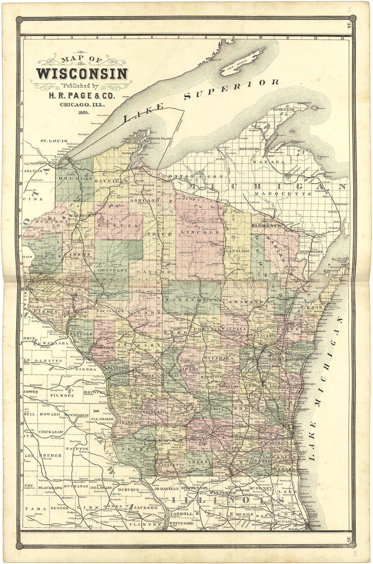 Map of Wisconsin from Illustrated Atlas of Lake County, Illinois : Containing Maps of Every Township In the County, With Village and City Plats : Also Maps of Michigan ... Texas, and Washington Territory : Compiled … 1885 by Relic Map Company
