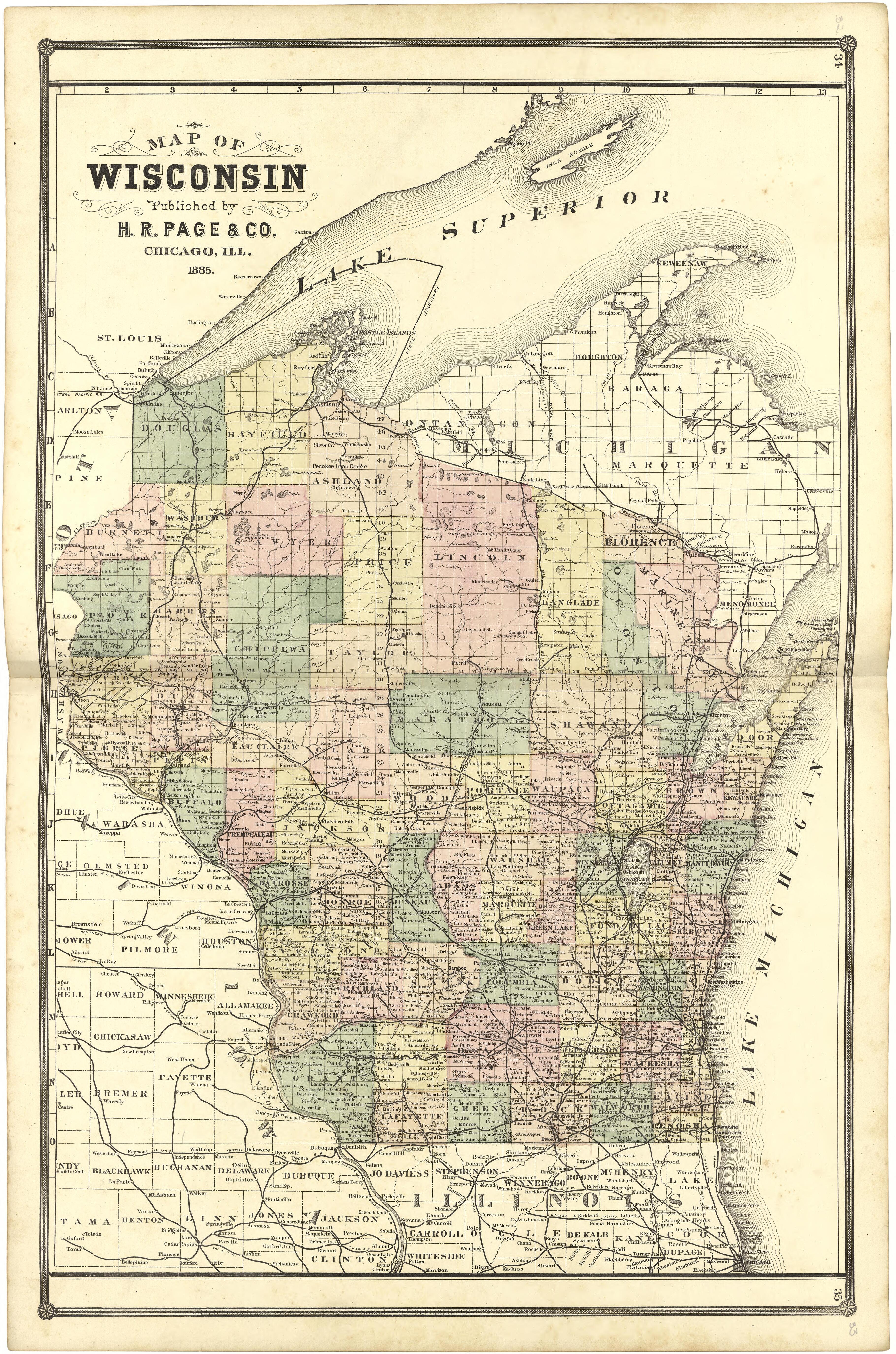Map of Wisconsin from Illustrated Atlas of Lake County, Illinois : Containing Maps of Every Township In the County, With Village and City Plats : Also Maps of Michigan ... Texas, and Washington Territory : Compiled … 1885 by Relic Map Company
