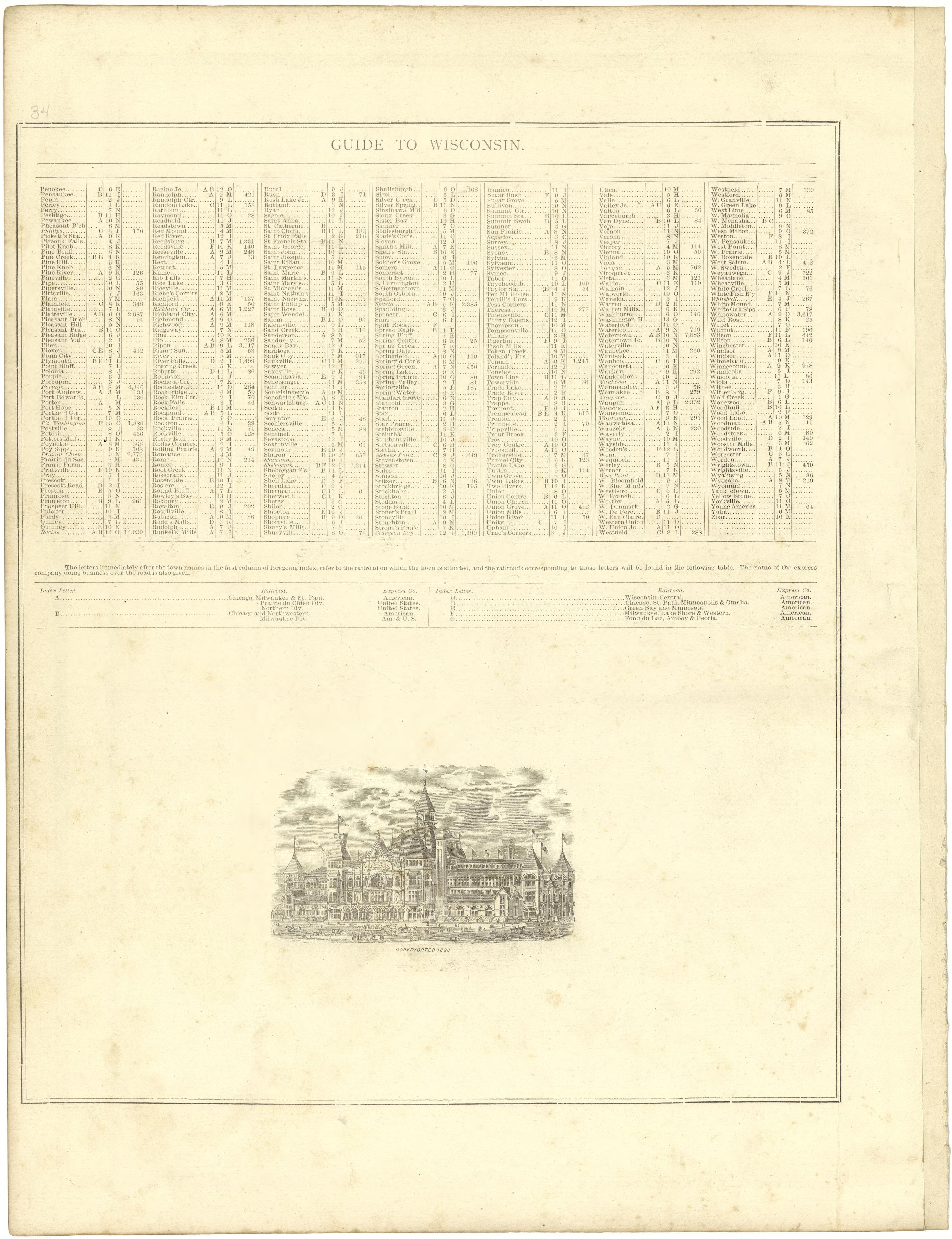 Guide to Wisconsin from Illustrated Atlas of Lake County, Illinois : Containing Maps of Every Township In the County, With Village and City Plats : Also Maps of Michigan ... Texas, and Washington Territory : Compiled … 1885 by Relic Map Company