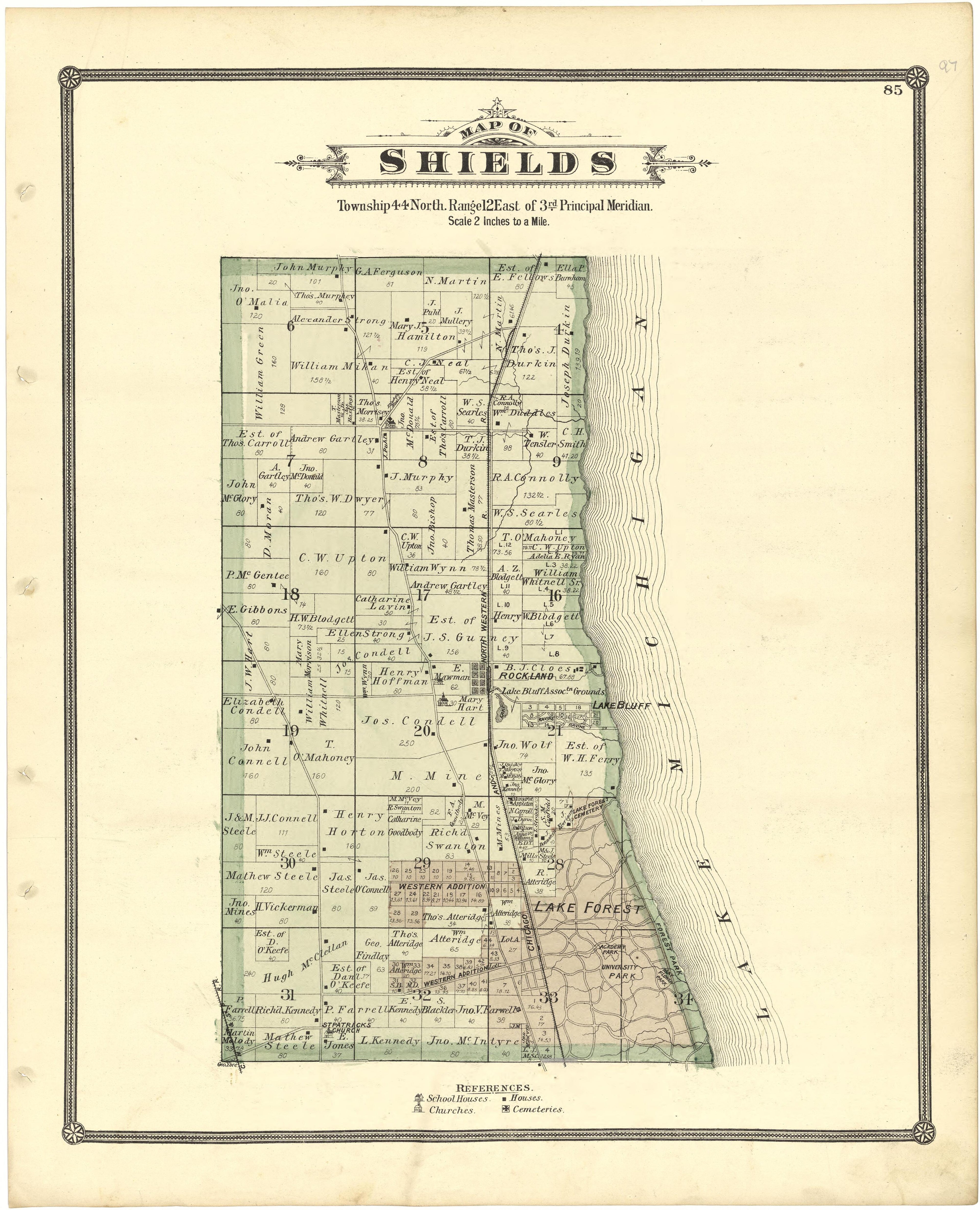 Map of Shields from Illustrated Atlas of Lake County, Illinois : Containing Maps of Every Township In the County, With Village and City Plats : Also Maps of Michigan ... Texas, and Washington Territory : Compiled … 1885 by Relic Map Company