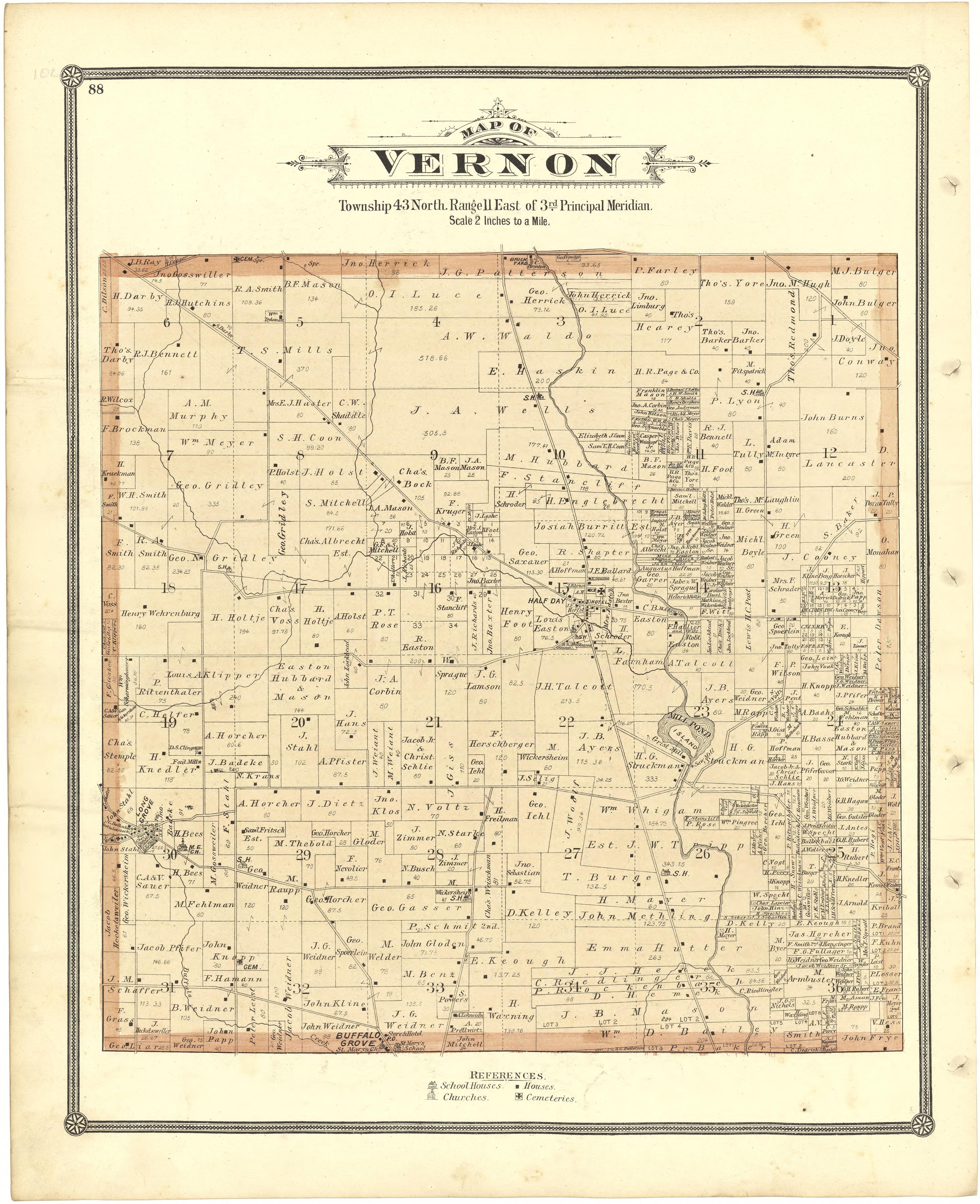 Map of Vernon from Illustrated Atlas of Lake County, Illinois : Containing Maps of Every Township In the County, With Village and City Plats : Also Maps of Michigan ... Texas, and Washington Territory : Compiled … 1885 by Relic Map Company