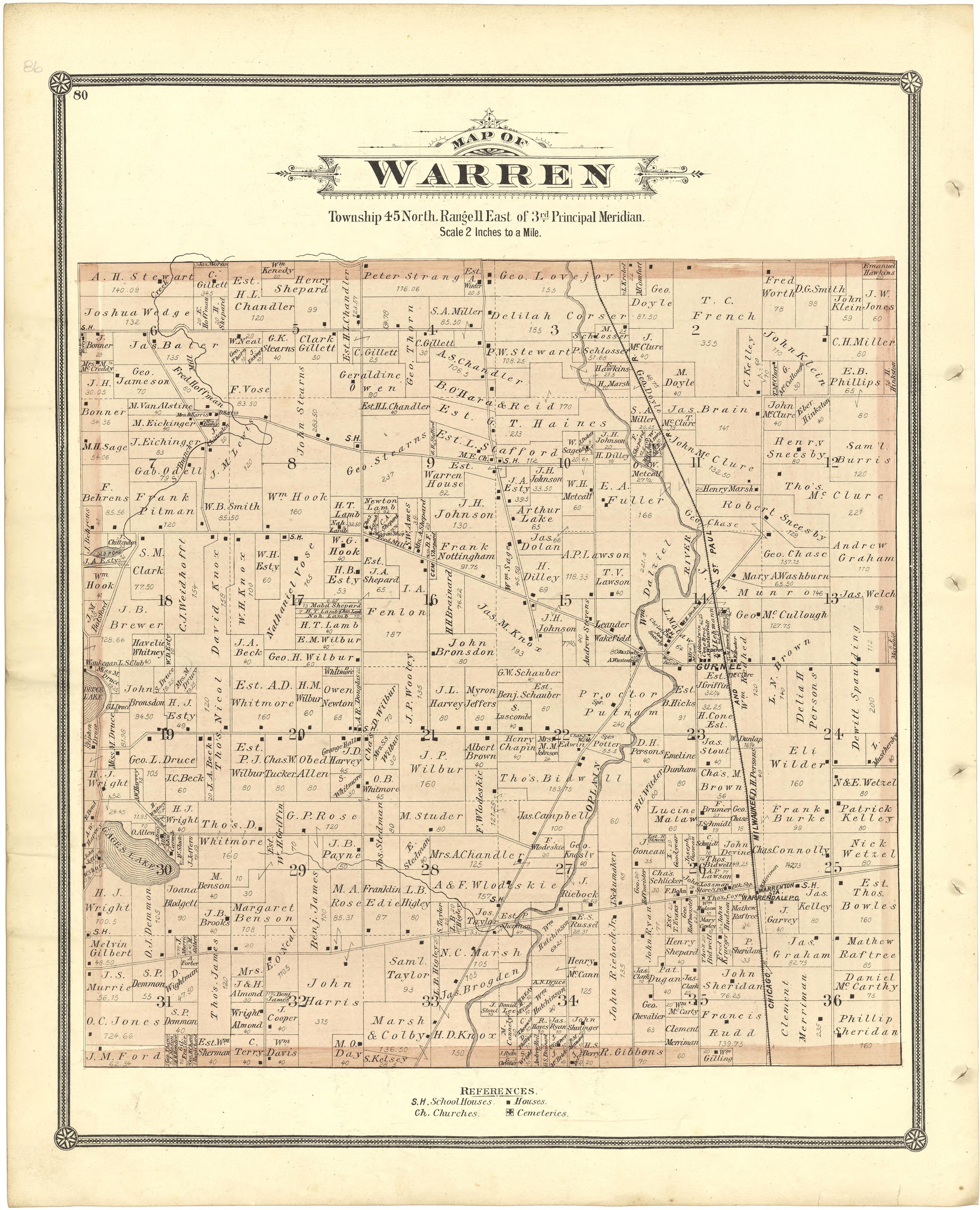 Map of Warren from Illustrated Atlas of Lake County, Illinois : Containing Maps of Every Township In the County, With Village and City Plats : Also Maps of Michigan ... Texas, and Washington Territory : Compiled … 1885 by Relic Map Company