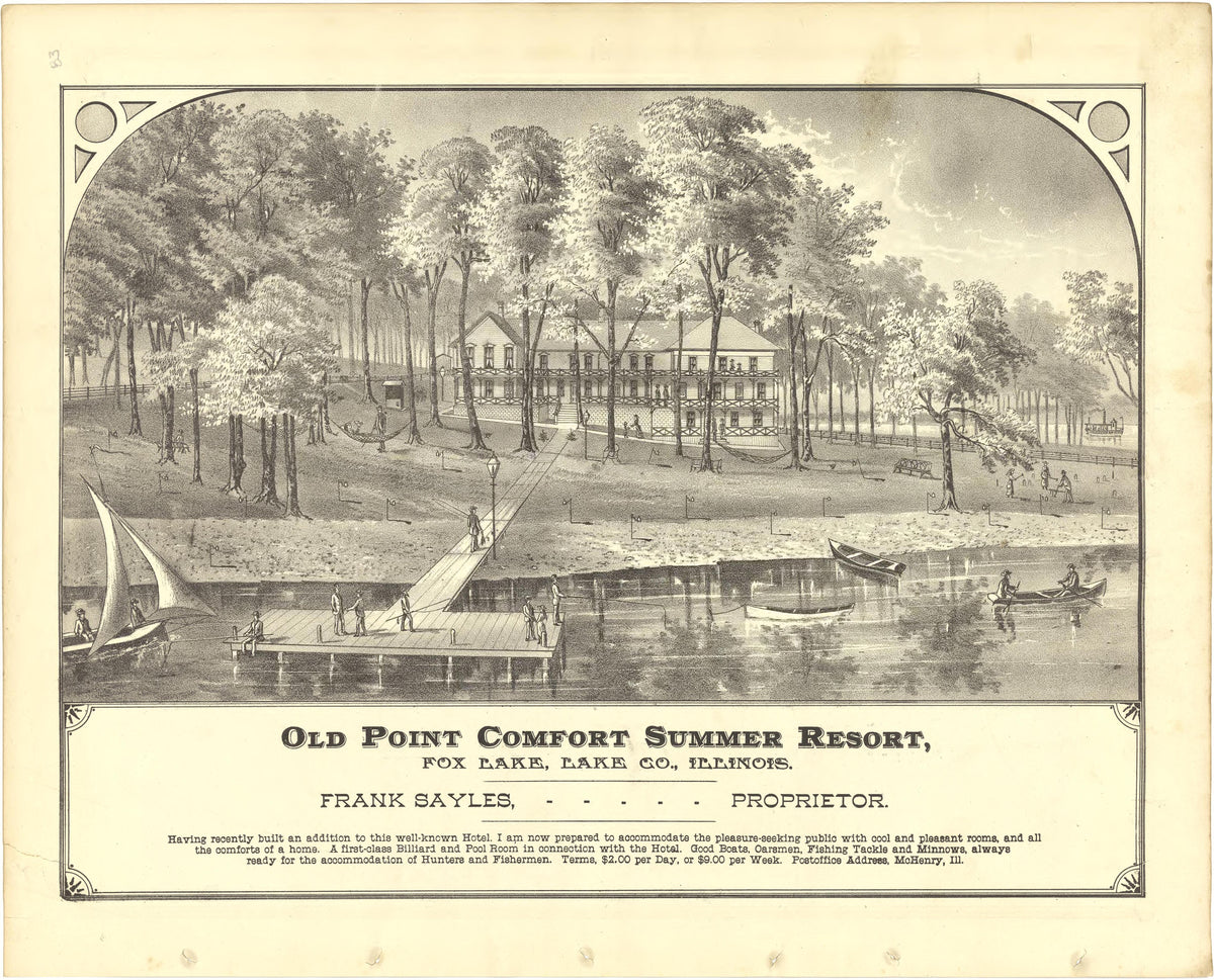 Illustration - Old Point Comfort Summer Resort from Illustrated Atlas of Lake County, Illinois : Containing Maps of Every Township In the County, With Village and City Plats : Also Maps of Michigan ... Texas, and Washington Territory : Compiled … 1885 by Relic Map Company