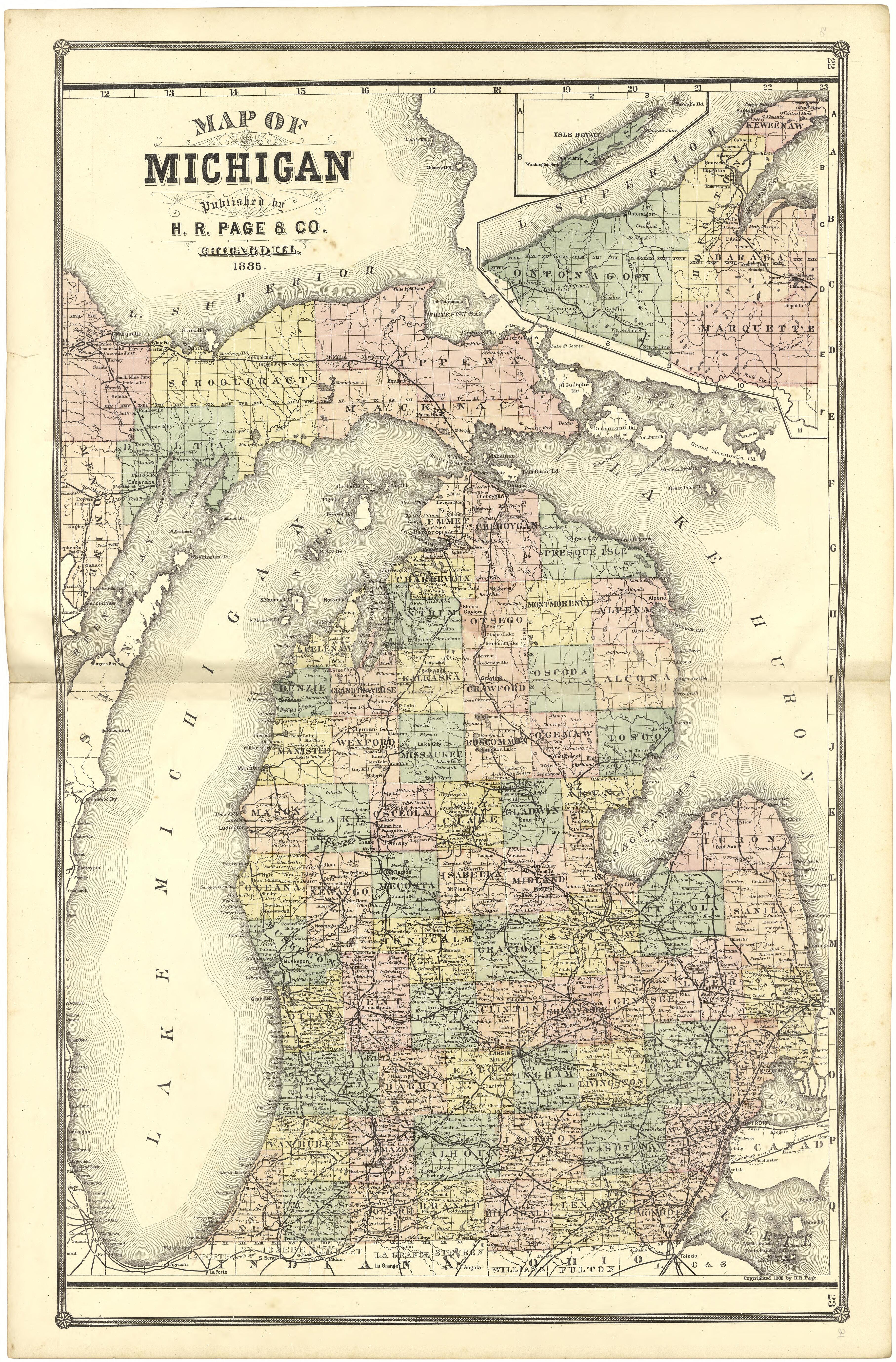 Map of Michigan from Illustrated Atlas of Lake County, Illinois : Containing Maps of Every Township In the County, With Village and City Plats : Also Maps of Michigan ... Texas, and Washington Territory : Compiled … 1885 by Relic Map Company