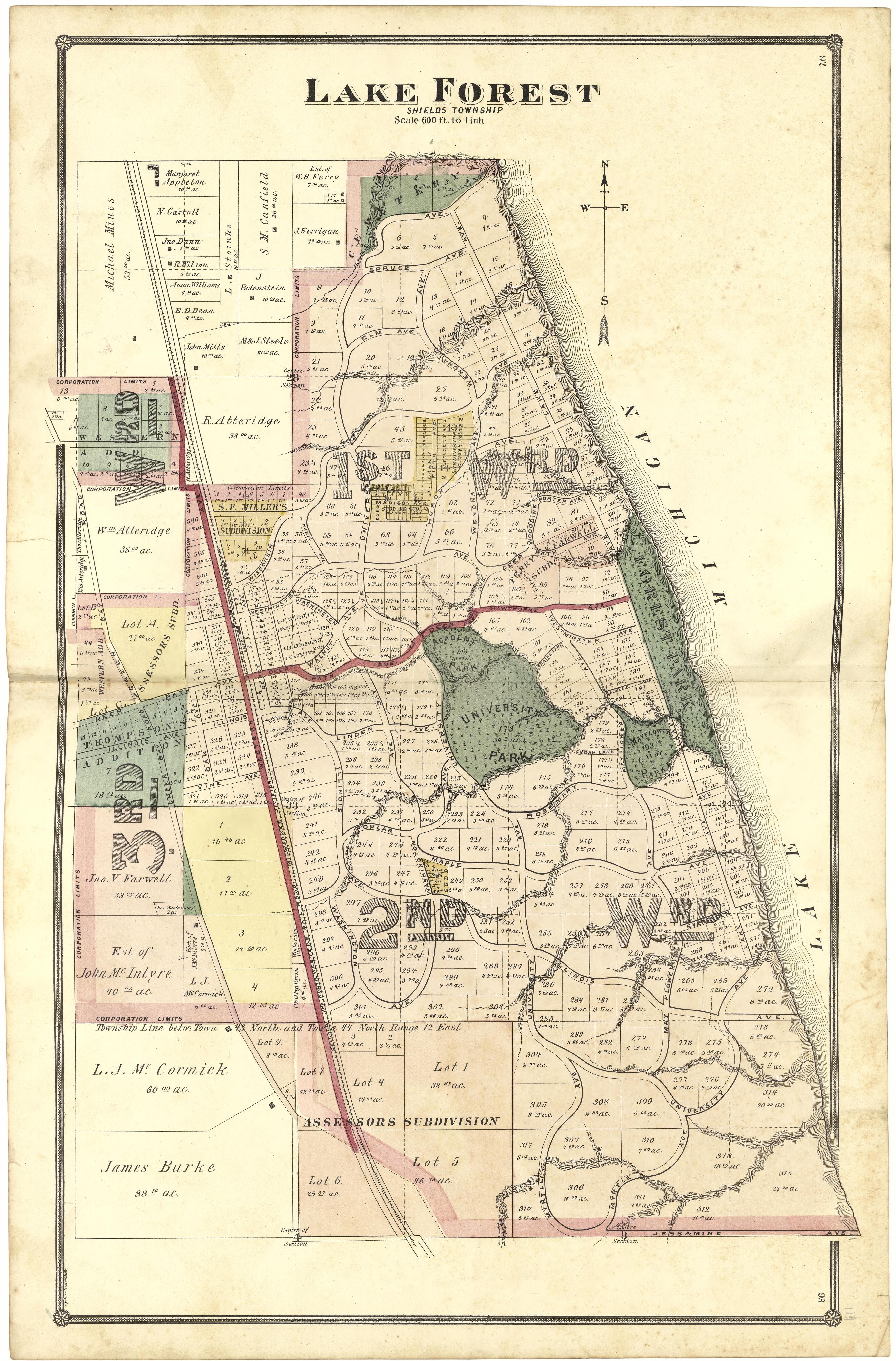 Lake Forest from Illustrated Atlas of Lake County, Illinois : Containing Maps of Every Township In the County, With Village and City Plats : Also Maps of Michigan ... Texas, and Washington Territory : Compiled … 1885 by Relic Map Company