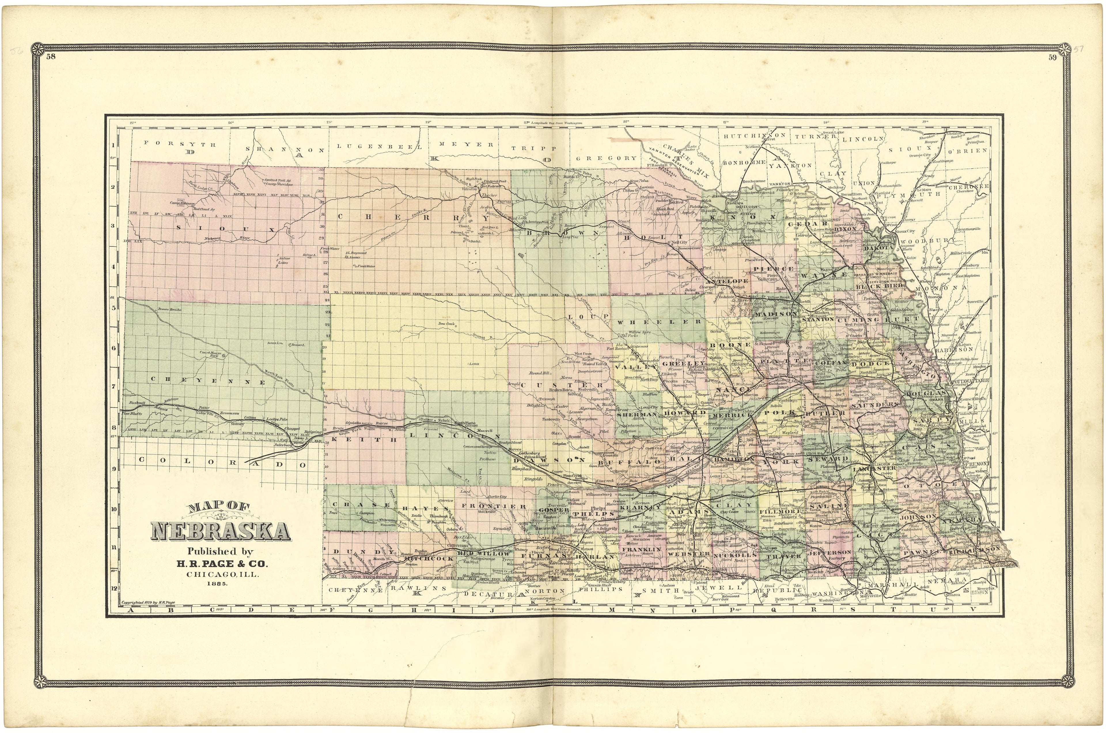 Map of Nebraska from Illustrated Atlas of Lake County, Illinois : Containing Maps of Every Township In the County, With Village and City Plats : Also Maps of Michigan ... Texas, and Washington Territory : Compiled … 1885 by Relic Map Company