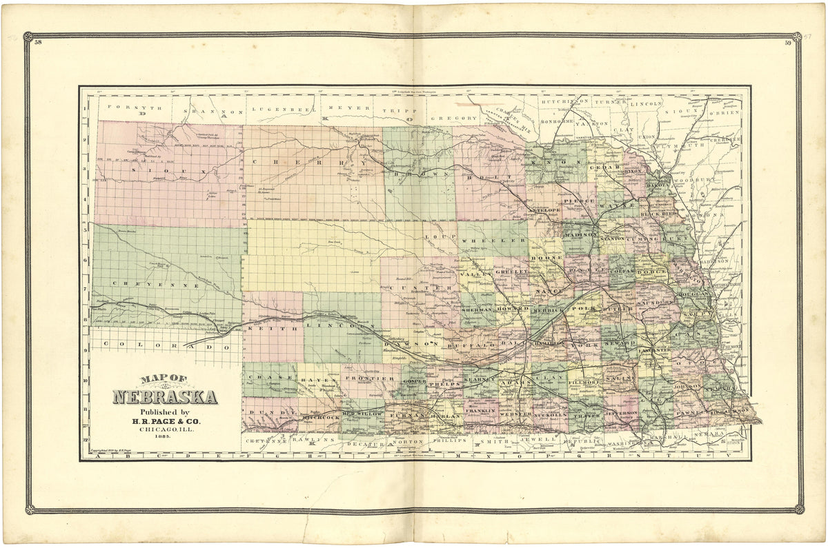 Map of Nebraska from Illustrated Atlas of Lake County, Illinois : Containing Maps of Every Township In the County, With Village and City Plats : Also Maps of Michigan ... Texas, and Washington Territory : Compiled … 1885 by Relic Map Company