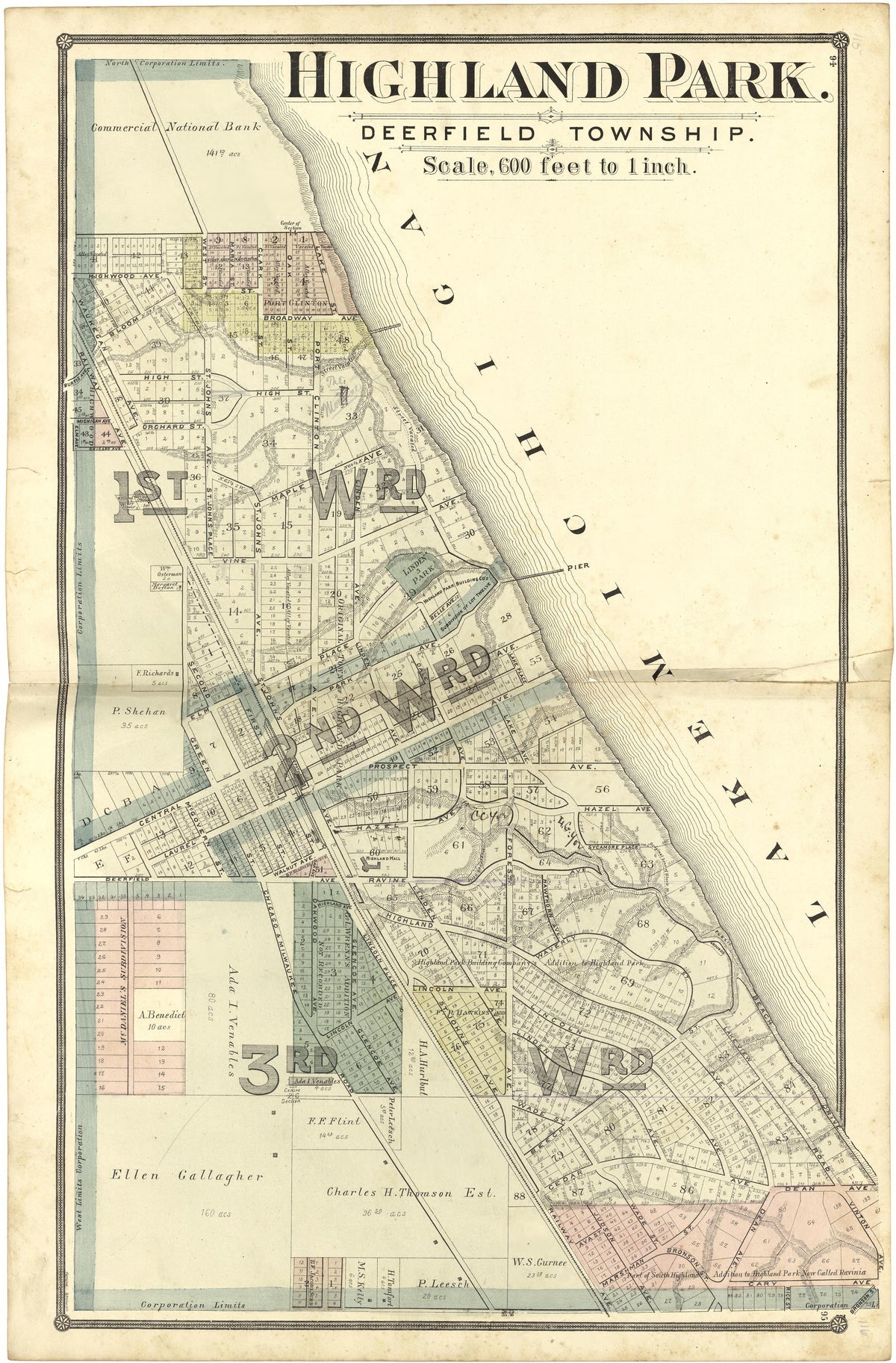 Highland Park from Illustrated Atlas of Lake County, Illinois : Containing Maps of Every Township In the County, With Village and City Plats : Also Maps of Michigan ... Texas, and Washington Territory : Compiled … 1885 by Relic Map Company