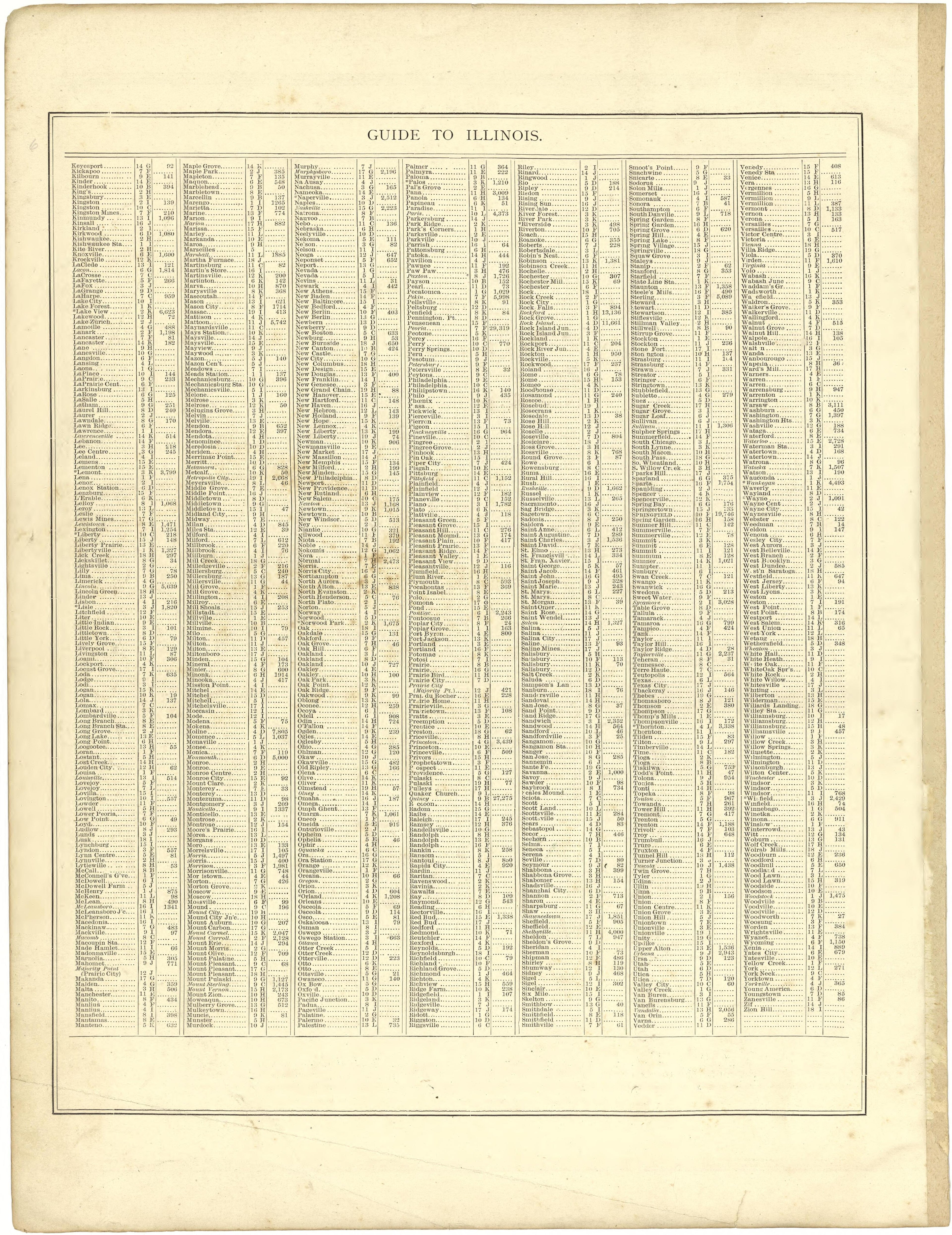 Guide to Illinois from Illustrated Atlas of Lake County, Illinois : Containing Maps of Every Township In the County, With Village and City Plats : Also Maps of Michigan ... Texas, and Washington Territory : Compiled … 1885 by Relic Map Company