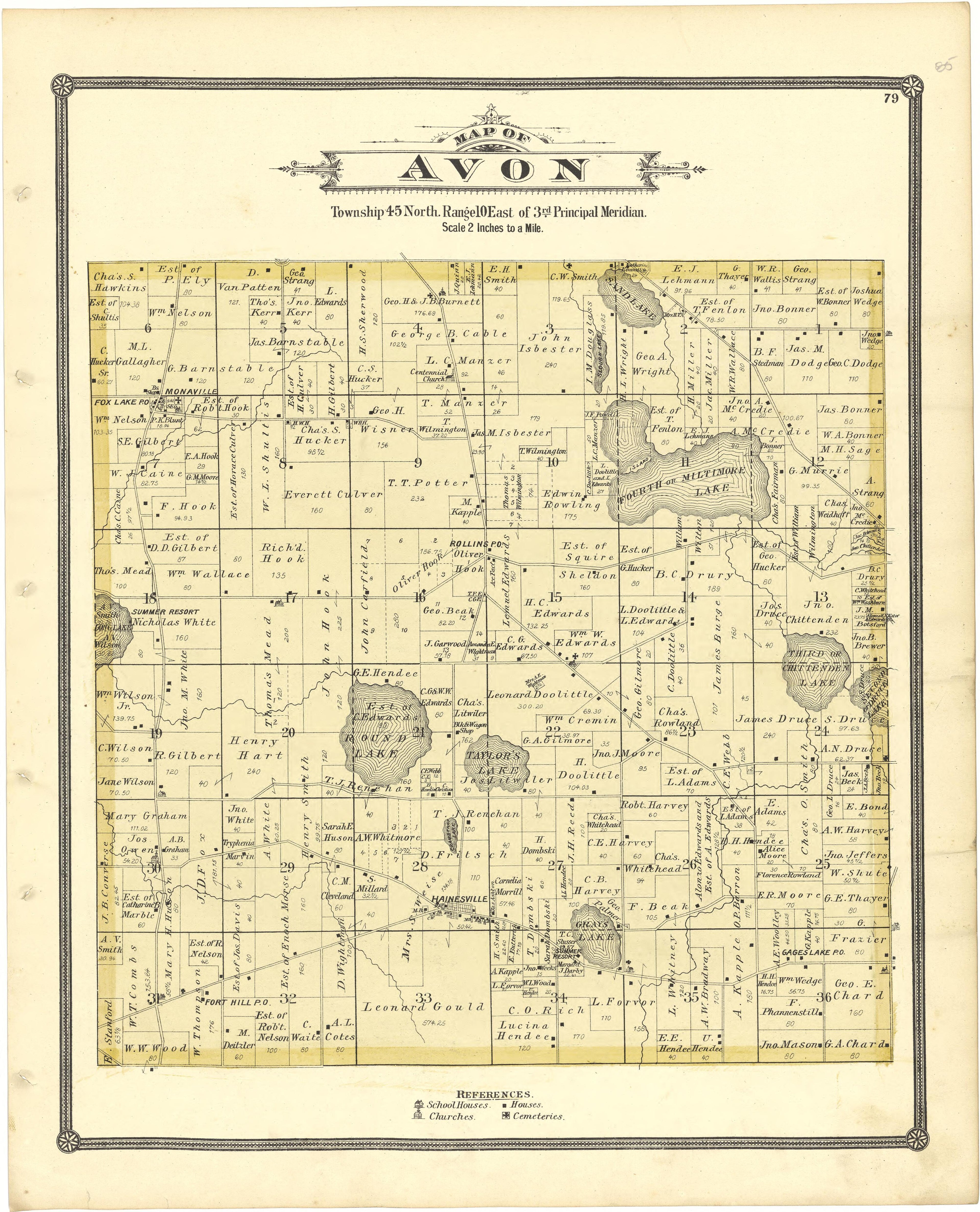Map of Avon from Illustrated Atlas of Lake County, Illinois : Containing Maps of Every Township In the County, With Village and City Plats : Also Maps of Michigan ... Texas, and Washington Territory : Compiled … 1885 by Relic Map Company