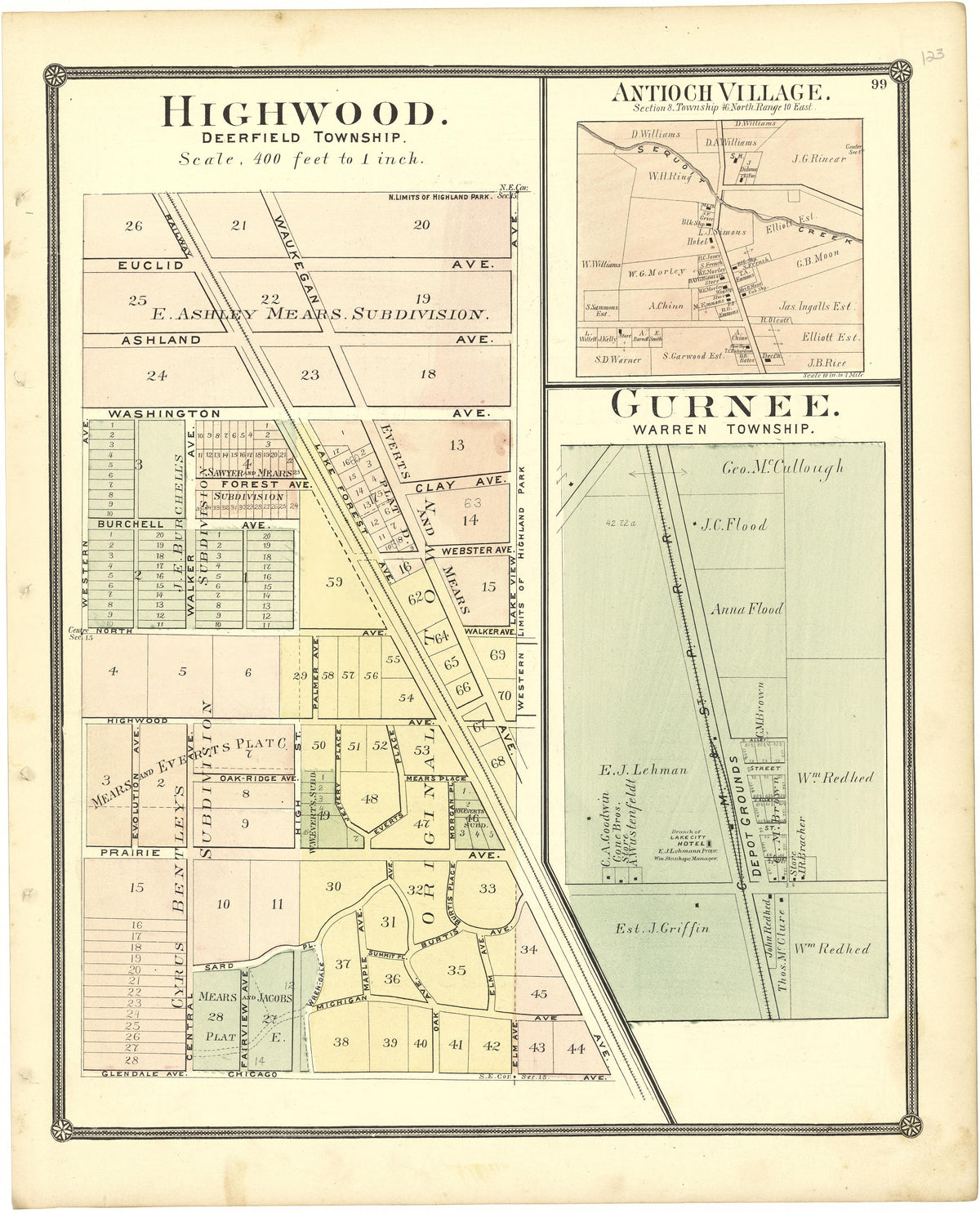 Highwood; Antioch Village; Gurnee from Illustrated Atlas of Lake County, Illinois : Containing Maps of Every Township In the County, With Village and City Plats : Also Maps of Michigan ... Texas, and Washington Territory : Compiled … 1885 by Relic Map Company