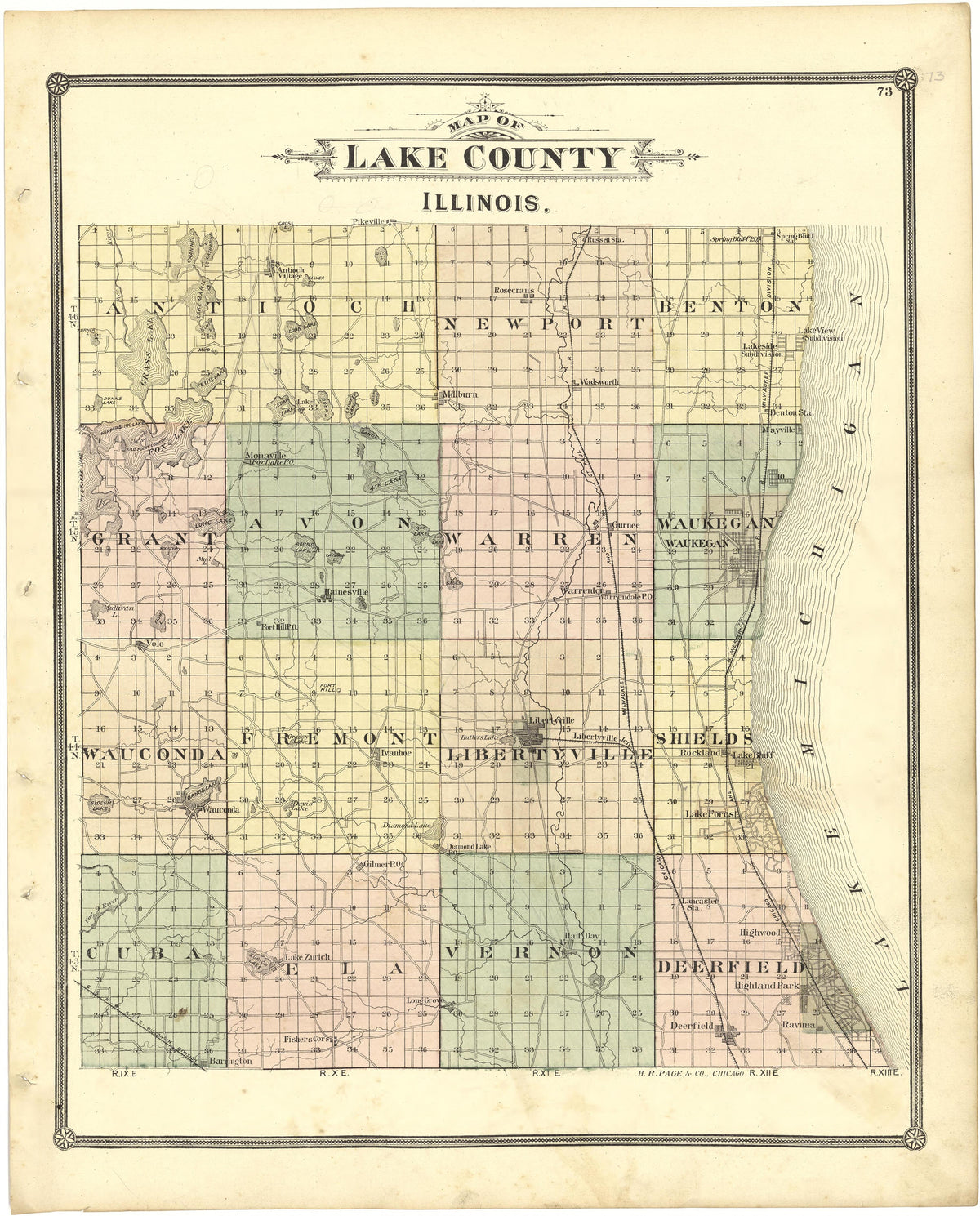 Map of Lake County, Illinois from Illustrated Atlas of Lake County, Illinois : Containing Maps of Every Township In the County, With Village and City Plats : Also Maps of Michigan ... Texas, and Washington Territory : Compiled … 1885 by Relic Map Company