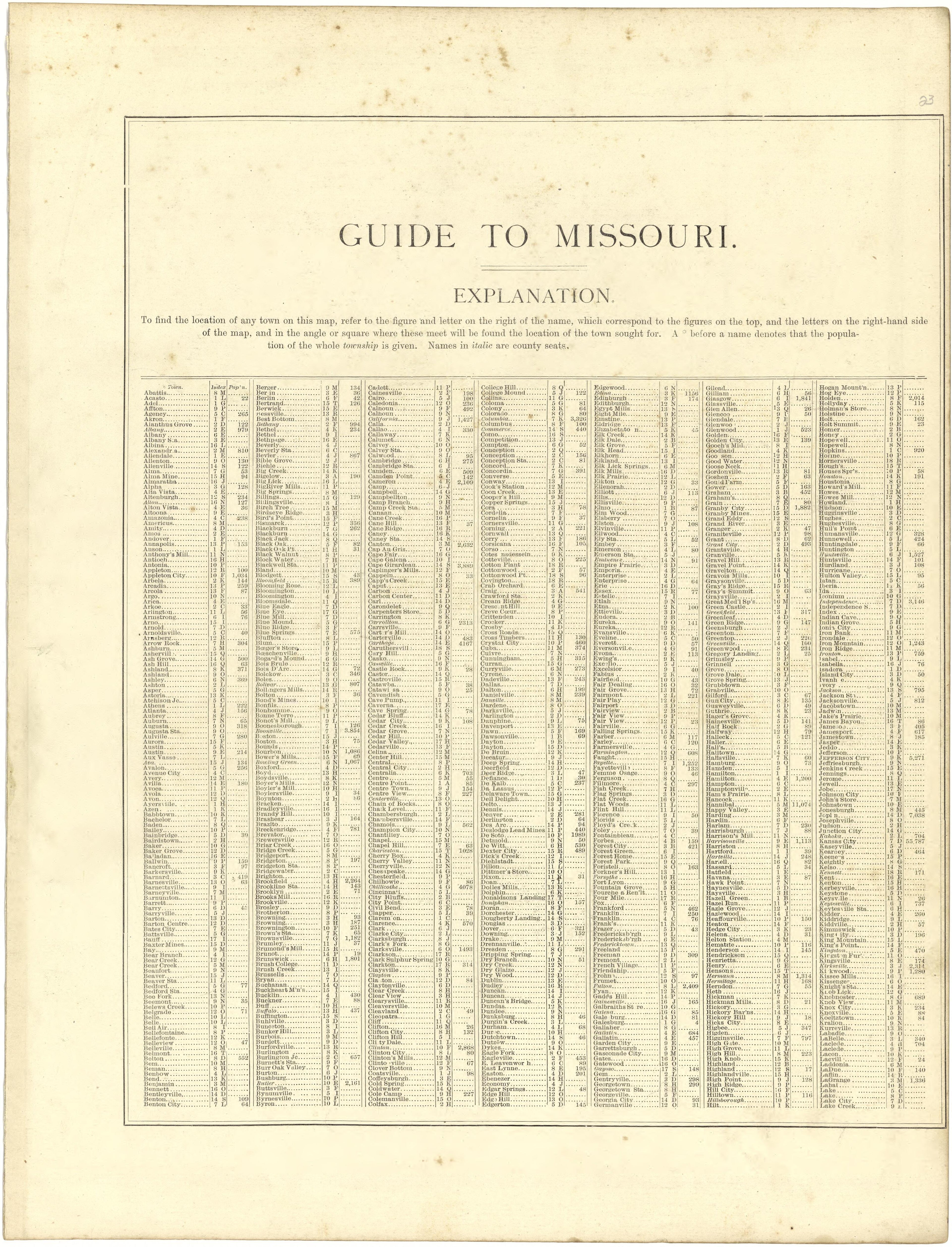 Guide to Missouri from Illustrated Atlas of Lake County, Illinois : Containing Maps of Every Township In the County, With Village and City Plats : Also Maps of Michigan ... Texas, and Washington Territory : Compiled … 1885 by Relic Map Company
