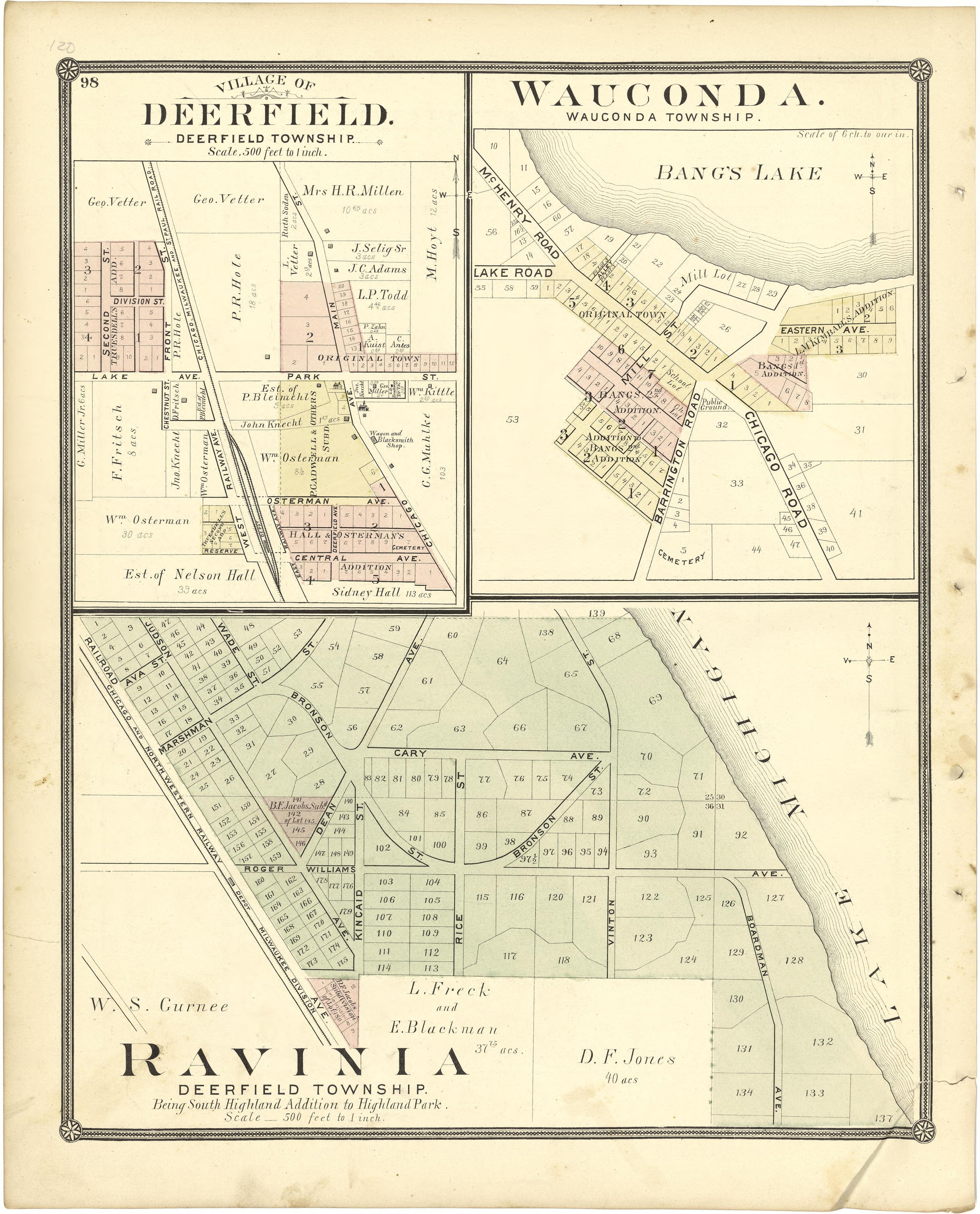 Village of Deerfield; Wauconda; Ravinia from Illustrated Atlas of Lake County, Illinois : Containing Maps of Every Township In the County, With Village and City Plats : Also Maps of Michigan ... Texas, and Washington Territory : Compiled … 1885 by Relic Map Company
