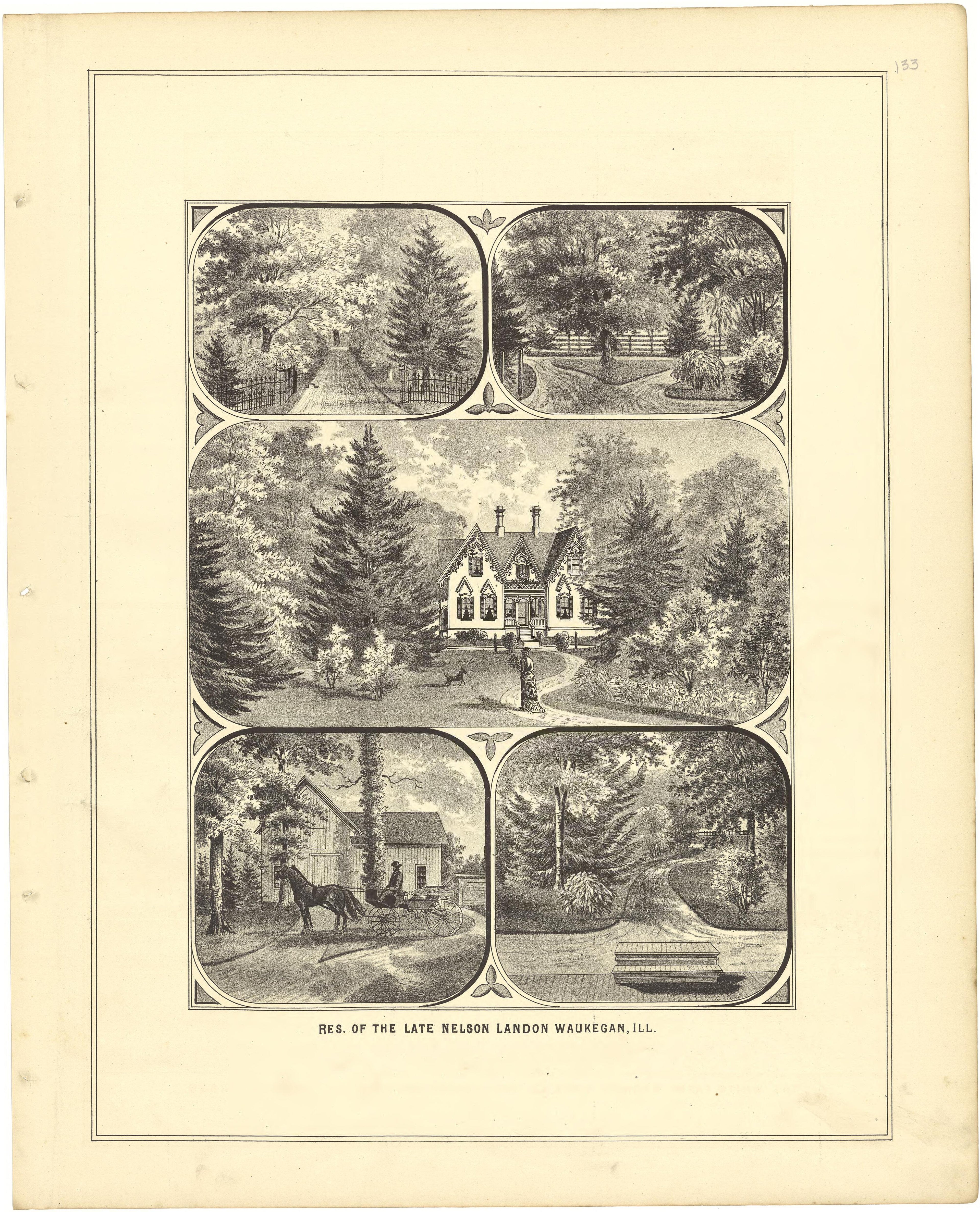 Illustration - Res. of the Late Nelson Landon from Illustrated Atlas of Lake County, Illinois : Containing Maps of Every Township In the County, With Village and City Plats : Also Maps of Michigan ... Texas, and Washington Territory : Compiled … 1885 by Relic Map Company