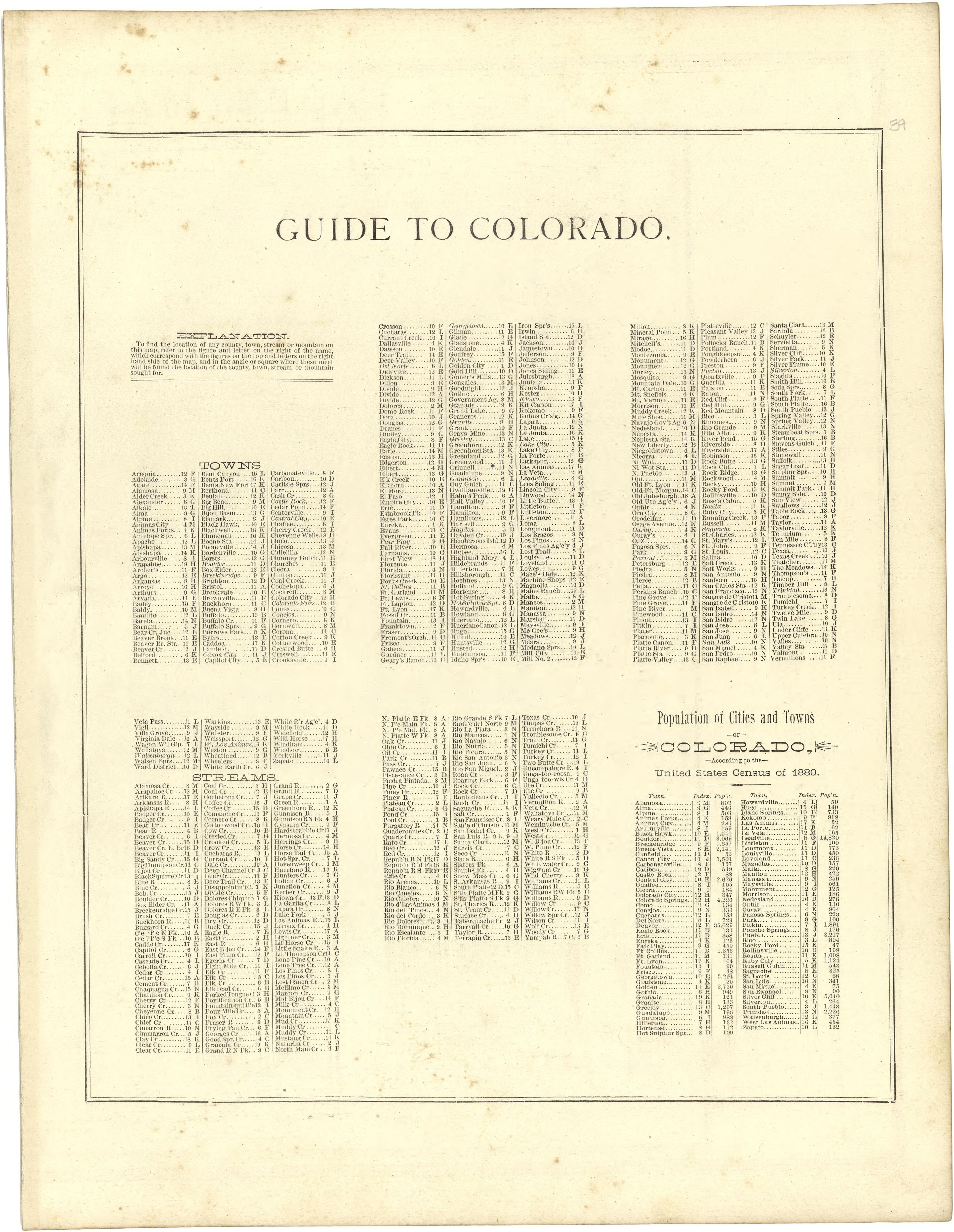 Guide to Colorado from Illustrated Atlas of Lake County, Illinois : Containing Maps of Every Township In the County, With Village and City Plats : Also Maps of Michigan ... Texas, and Washington Territory : Compiled … 1885 by Relic Map Company