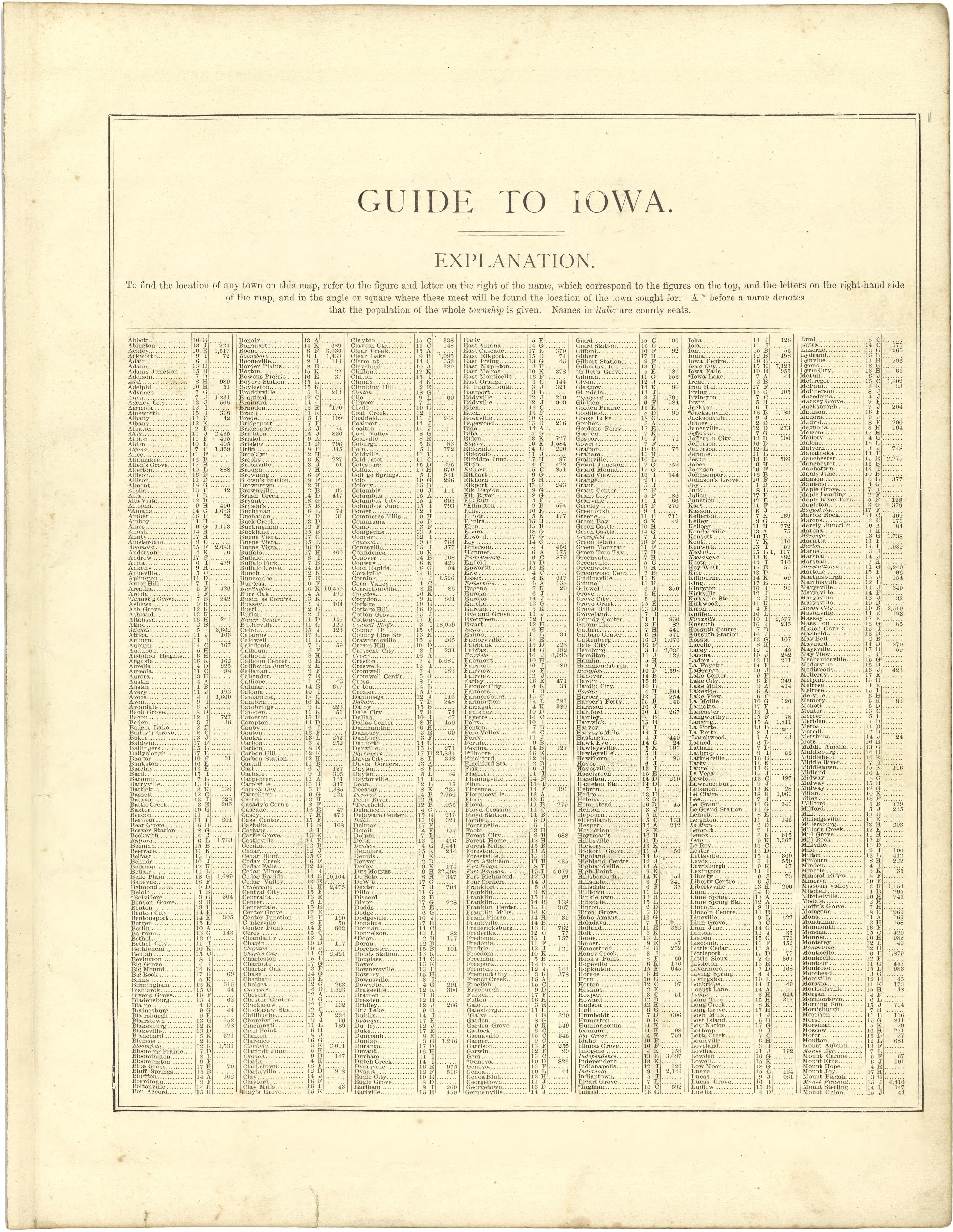 Guide to Iowa from Illustrated Atlas of Lake County, Illinois : Containing Maps of Every Township In the County, With Village and City Plats : Also Maps of Michigan ... Texas, and Washington Territory : Compiled … 1885 by Relic Map Company