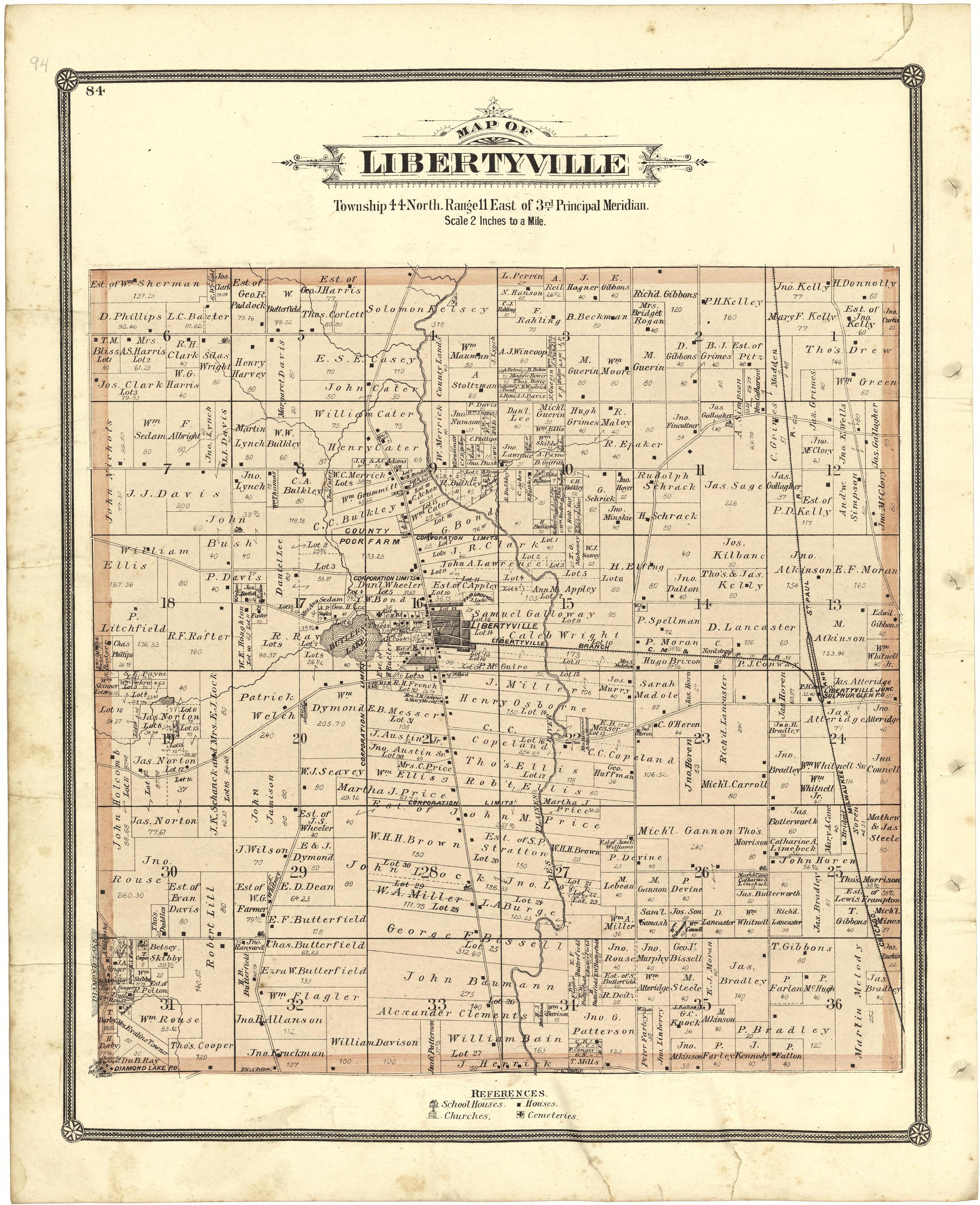 Map of Libertyville from Illustrated Atlas of Lake County, Illinois : Containing Maps of Every Township In the County, With Village and City Plats : Also Maps of Michigan ... Texas, and Washington Territory : Compiled … 1885 by Relic Map Company