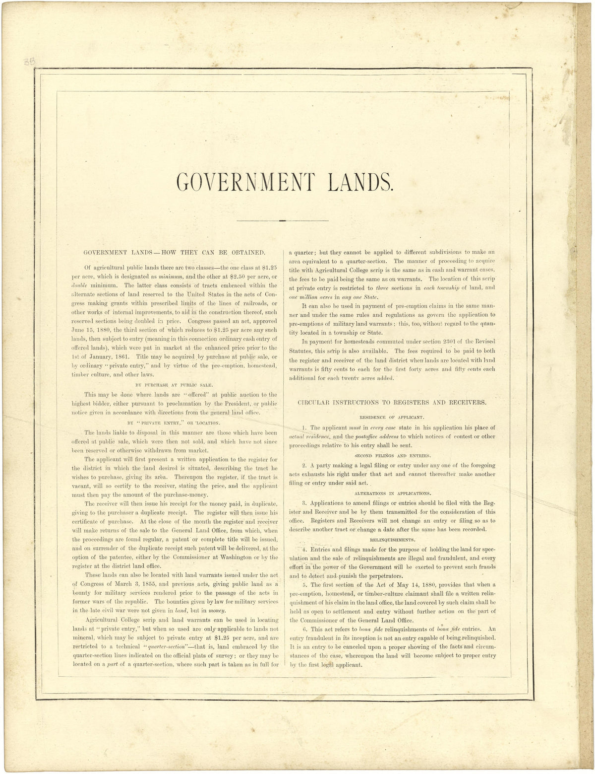 Government Lands from Illustrated Atlas of Lake County, Illinois : Containing Maps of Every Township In the County, With Village and City Plats : Also Maps of Michigan ... Texas, and Washington Territory : Compiled … 1885 by Relic Map Company