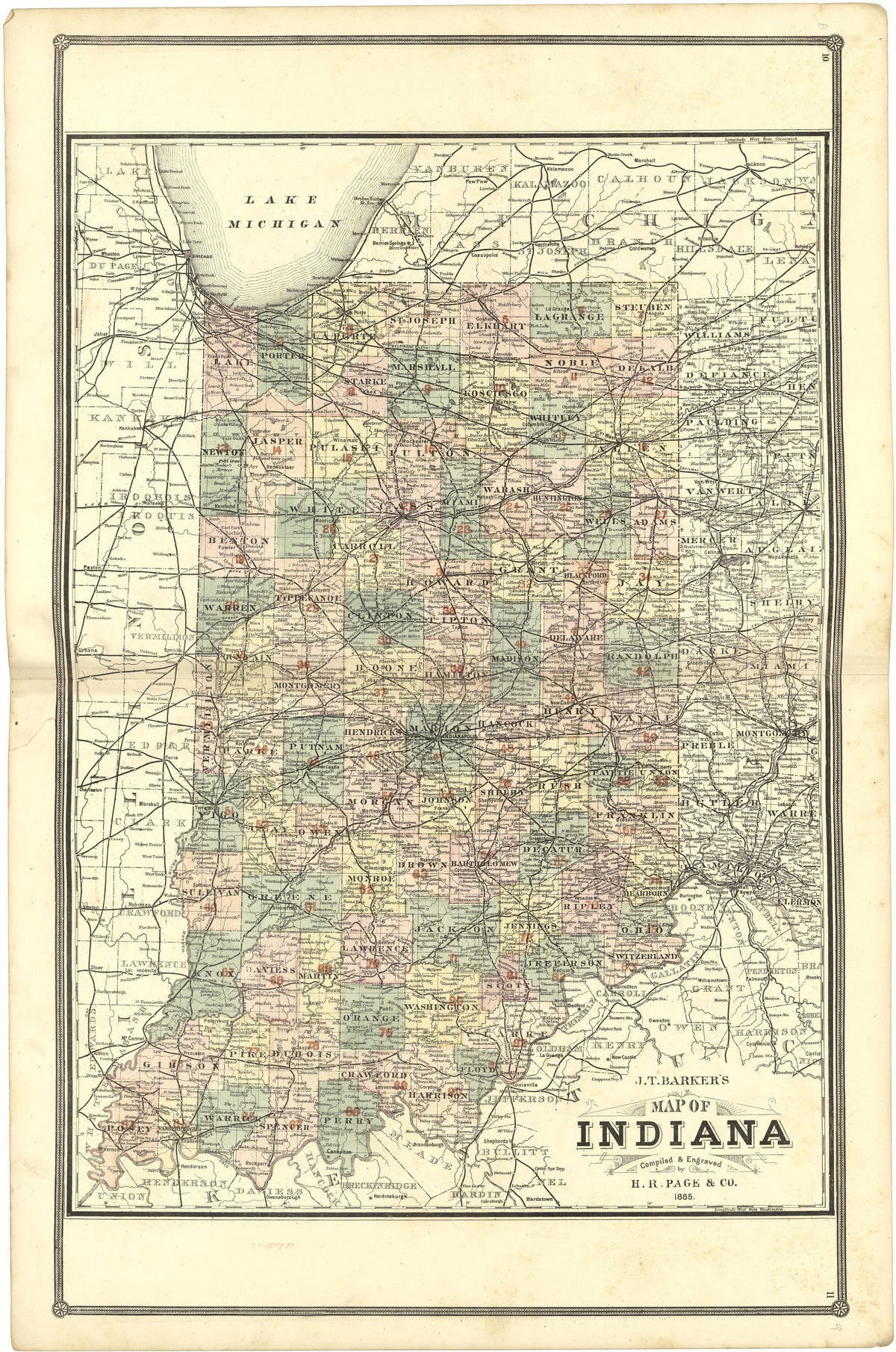 Map of Indiana from Illustrated Atlas of Lake County, Illinois : Containing Maps of Every Township In the County, With Village and City Plats : Also Maps of Michigan ... Texas, and Washington Territory : Compiled … 1885 by Relic Map Company