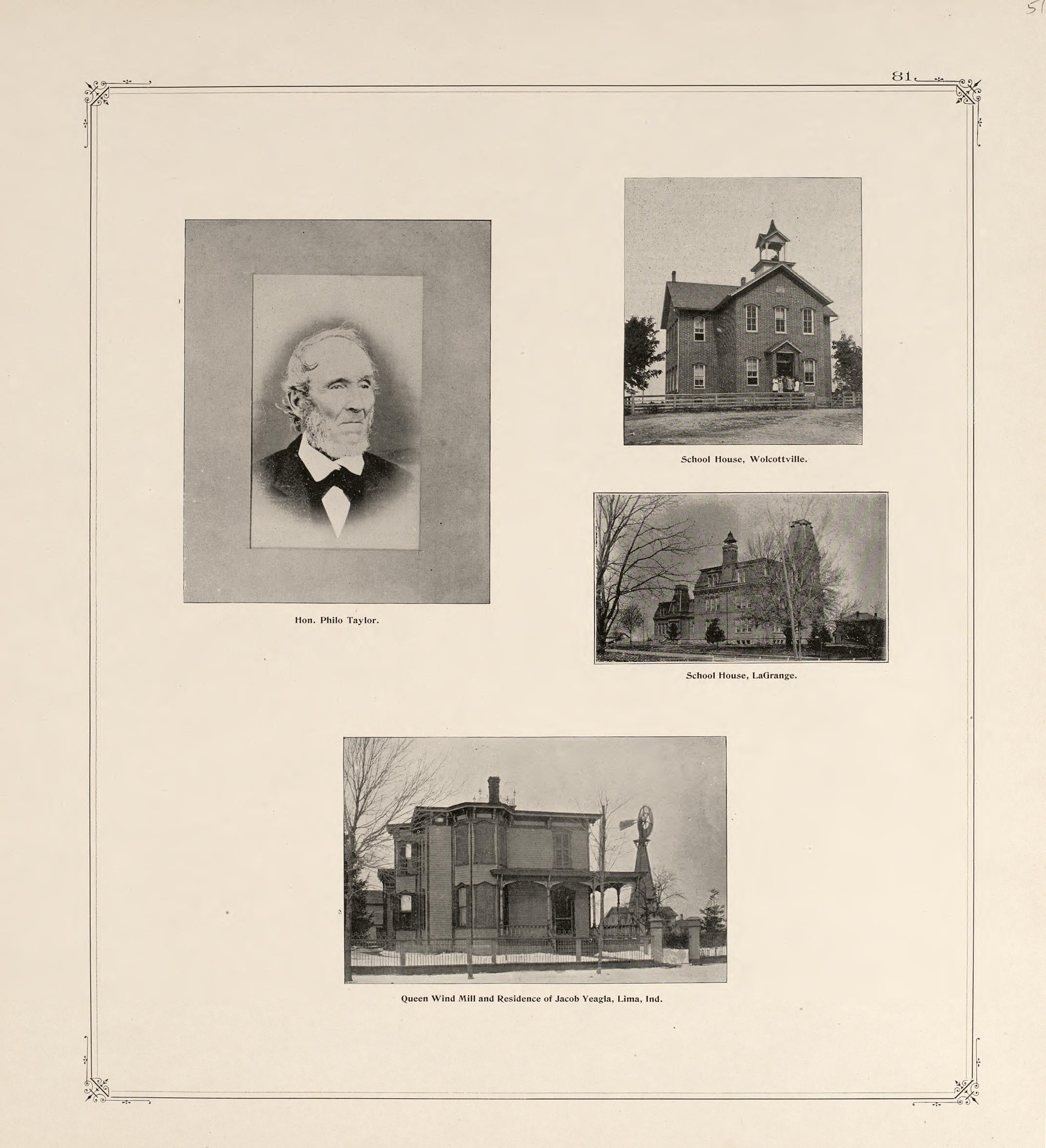 Views of LaGrange Schoolhouse, Wolcottville Schoolhouse and Portraits from Illustrated Atlas and Columbian Souvenir of La Grange County, Indiana : Showing Its Development In the First Sixty Years Since Organization 1893 by Relic Map Company