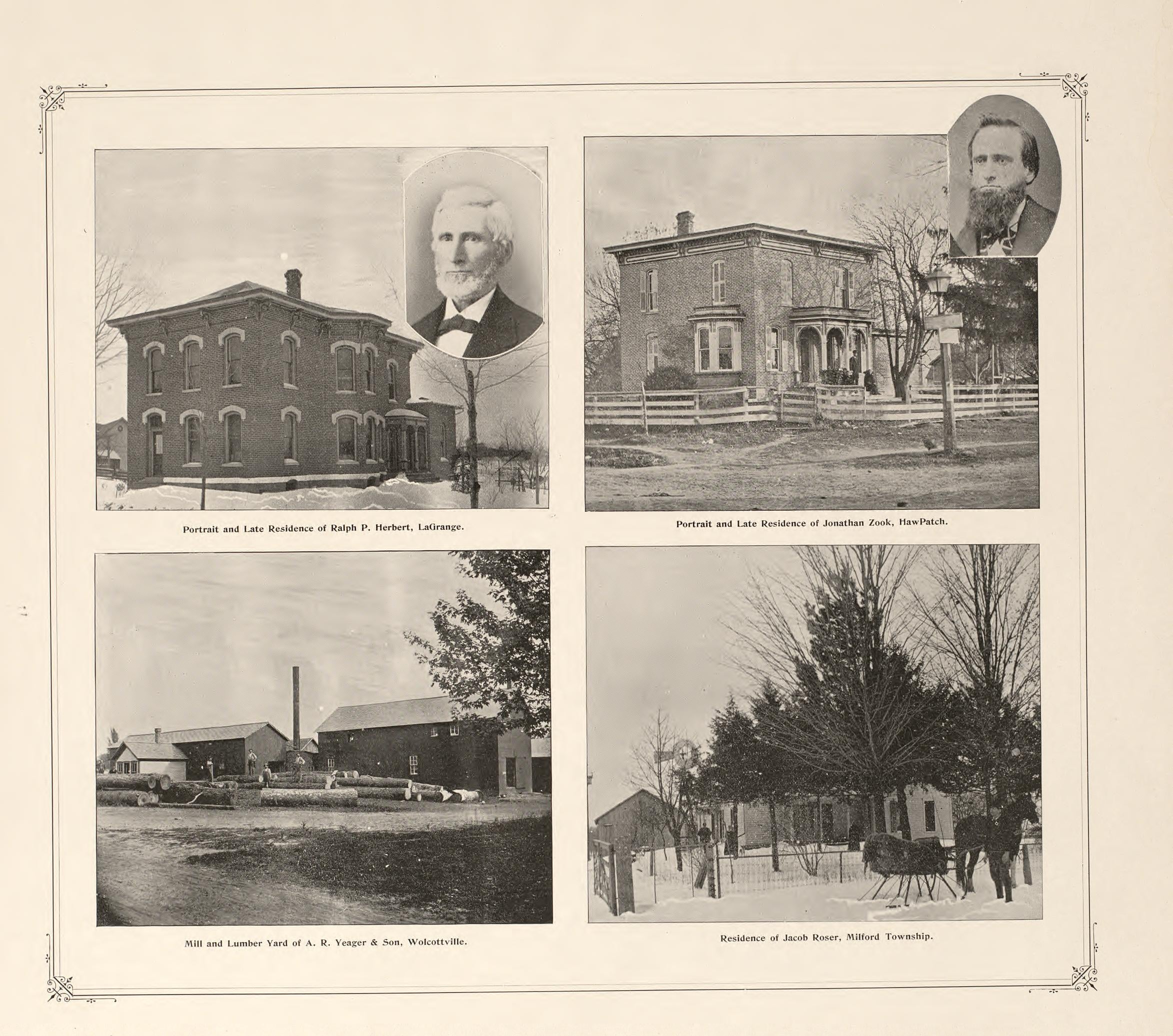 Views of Residences and Portraits--Herbert, Zook, Roser and Yeager from Illustrated Atlas and Columbian Souvenir of La Grange County, Indiana : Showing Its Development In the First Sixty Years Since Organization 1893 by Relic Map Company