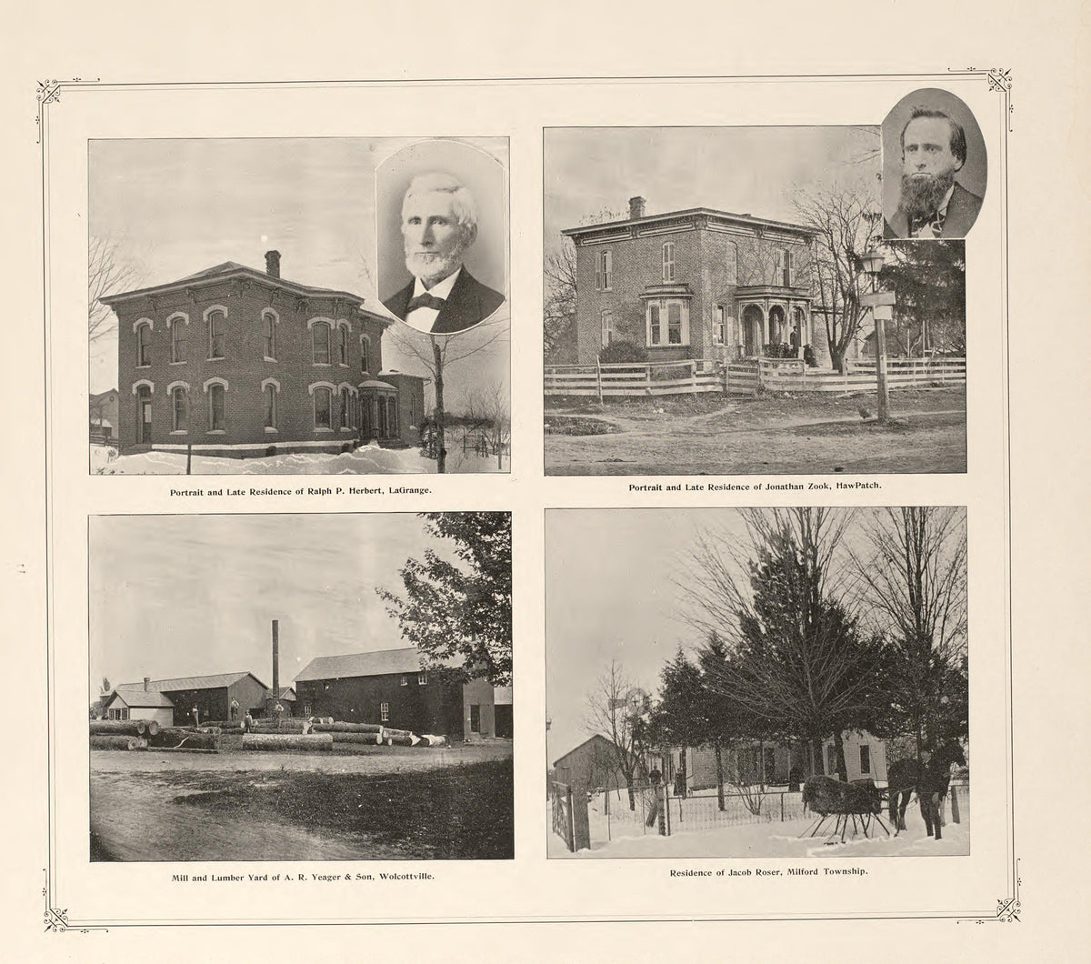 Views of Residences and Portraits--Herbert, Zook, Roser and Yeager from Illustrated Atlas and Columbian Souvenir of La Grange County, Indiana : Showing Its Development In the First Sixty Years Since Organization 1893 by Relic Map Company