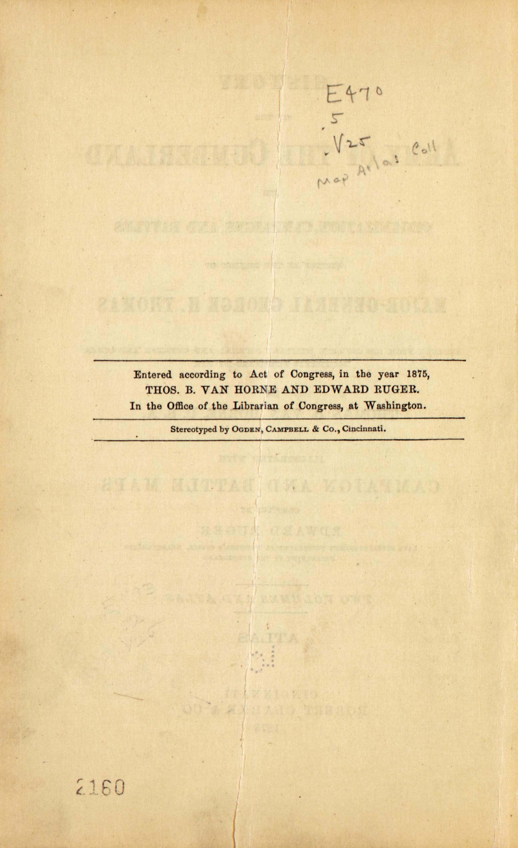 TP Verso from History of the Army of the Cumberland : Its Organization, Campaigns, and Battles, Written at the Request of Major-General George H. Thomas Chiefly from His Private Military Journal and Official and Other … 1875 by Relic Map Company