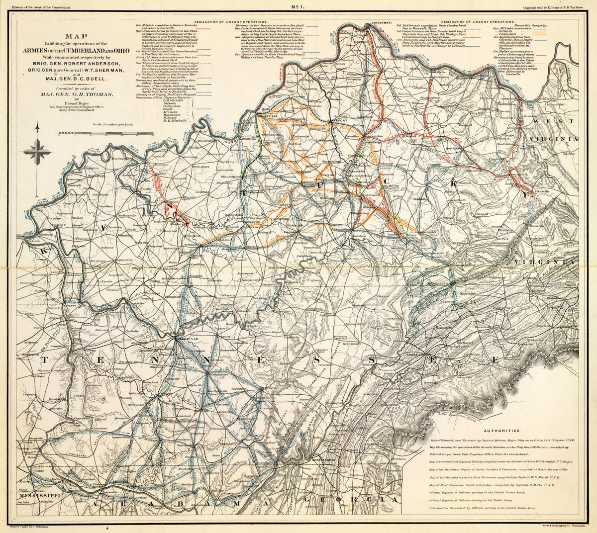 No. 1 - Map of the Armies of the Cumberland and Ohio from History of the Army of the Cumberland : Its Organization, Campaigns, and Battles, Written at the Request of Major-General George H. Thomas Chiefly from His Private Military Journal and Official... by Relic Map Company