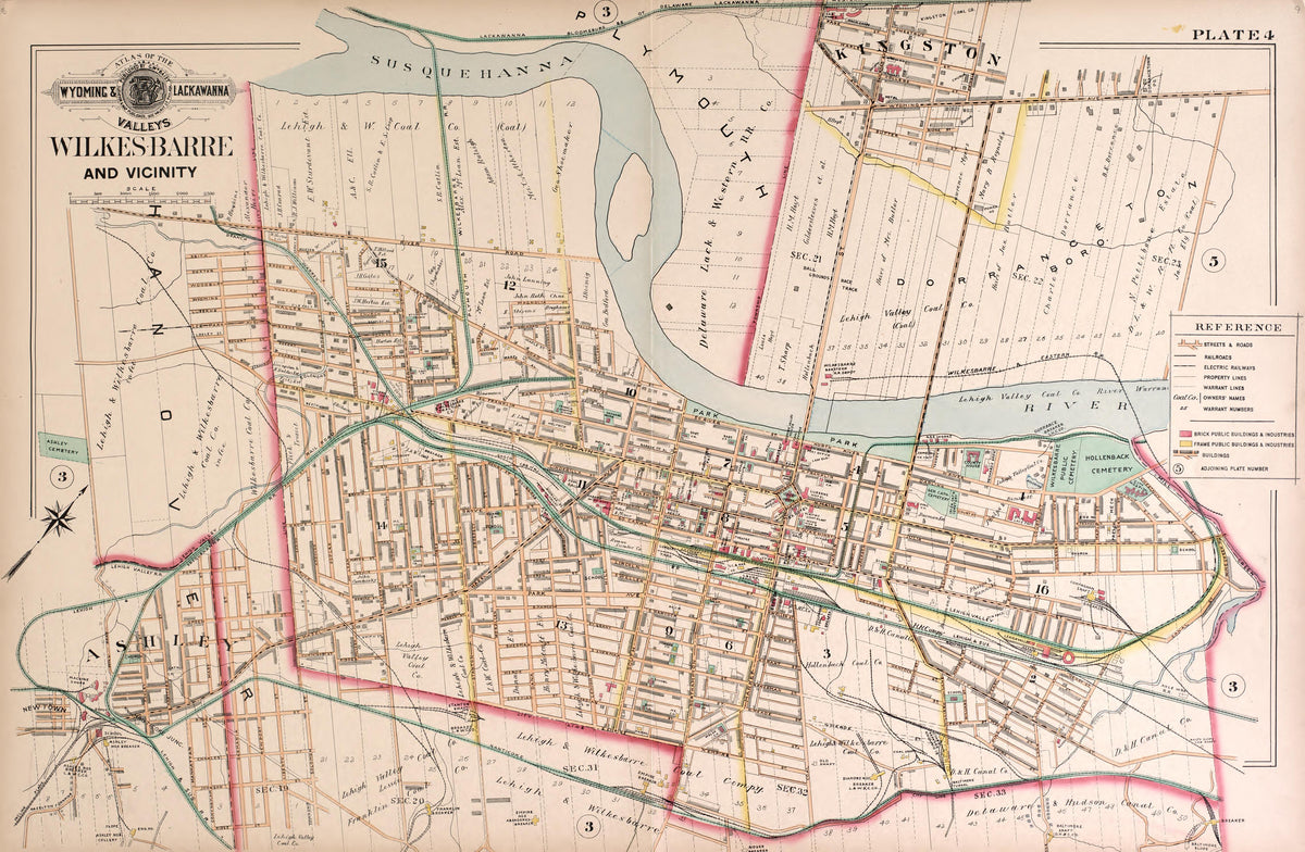 Wyoming and Lackawanna Valleys, WilkesBarre, Plate 4 from Atlas of the Wyoming and Lackawanna Valleys and Map of Luzerne and Lackawanna Counties, Pennsylvania. : from Actual Surveys, Official Records & Private Plans 1894 by Relic Map Company