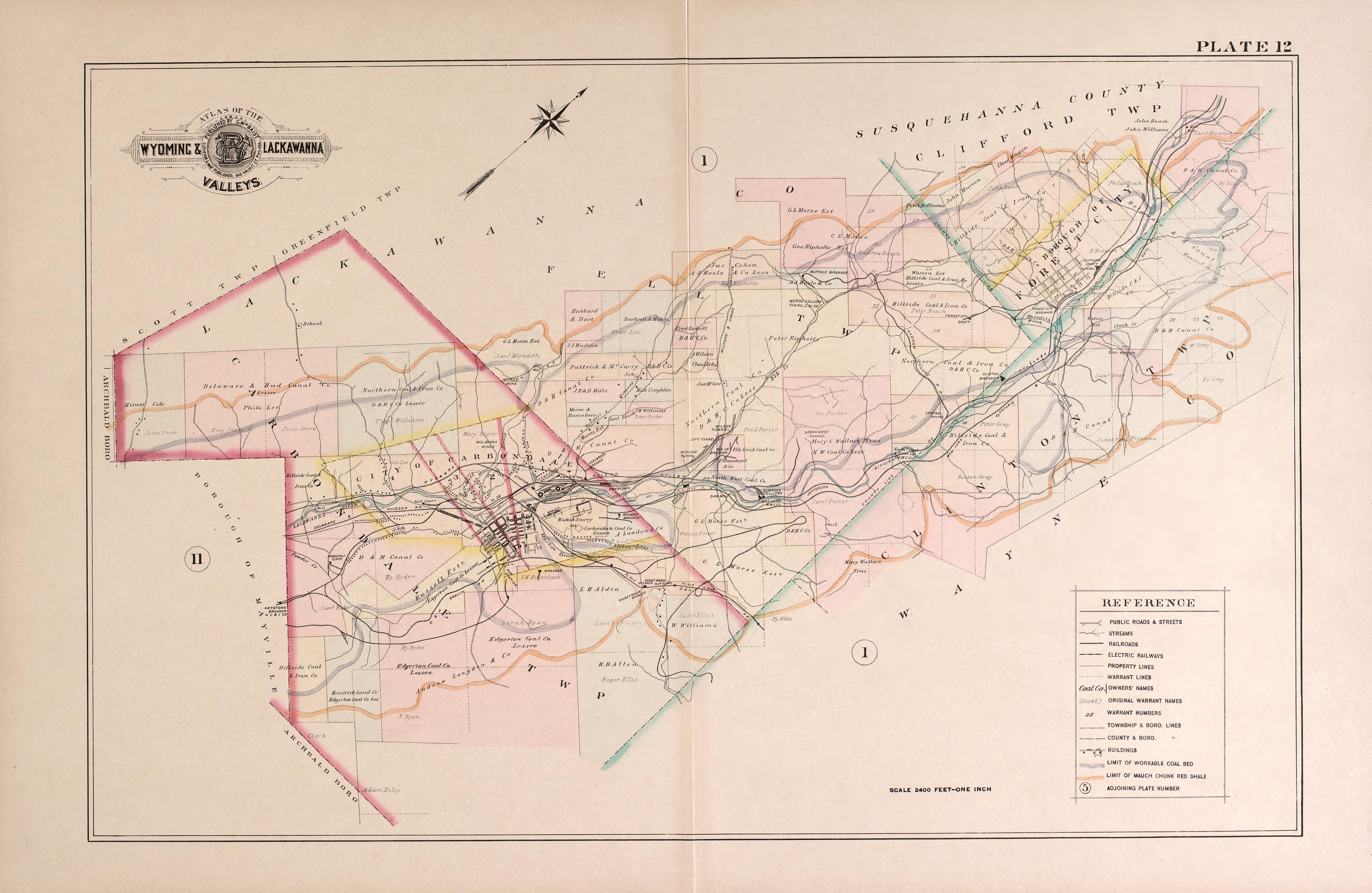 Wyoming and Lackawanna Valleys, Plate 12 from Atlas of the Wyoming and Lackawanna Valleys and Map of Luzerne and Lackawanna Counties, Pennsylvania. : from Actual Surveys, Official Records & Private Plans 1894 by Relic Map Company